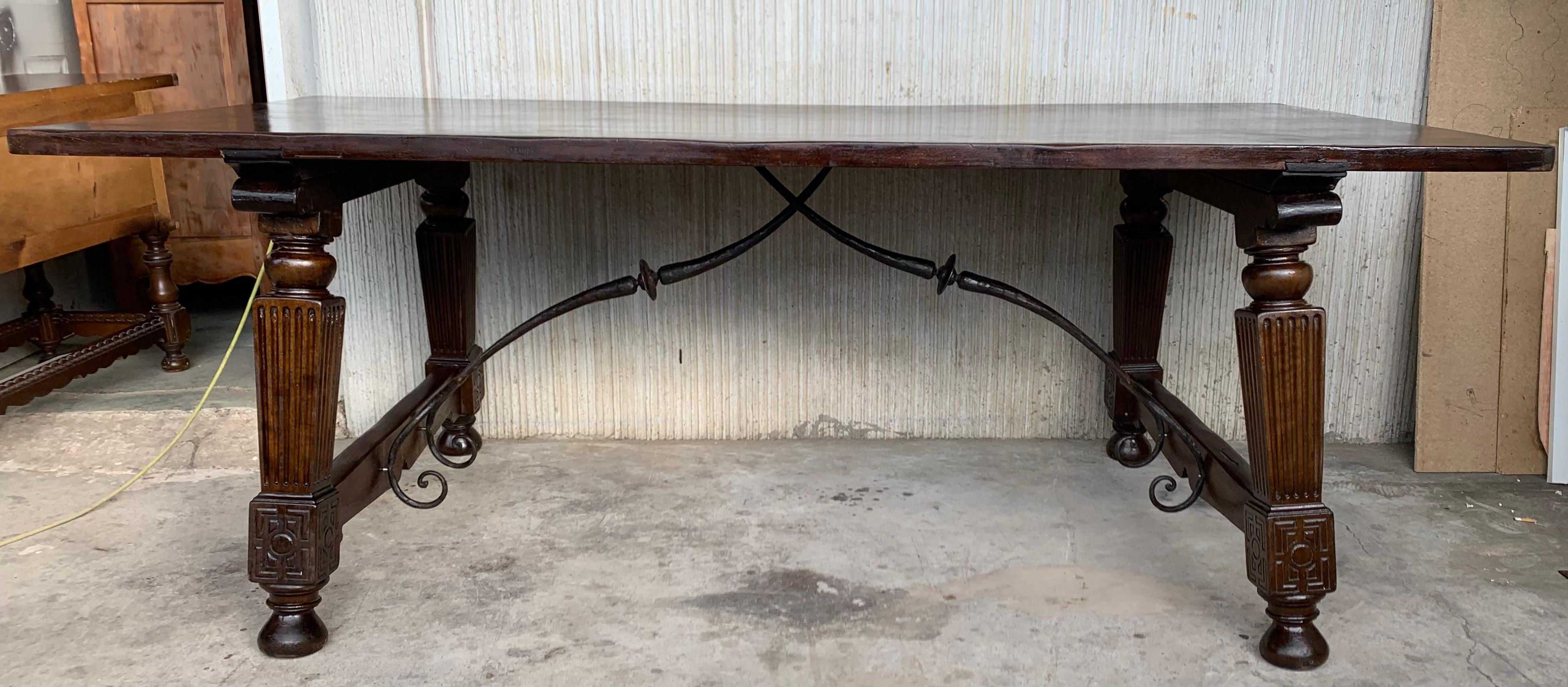 19th Century Late 19th Spanish Walnut Dining Fratino Table with Iron Stretcher For Sale