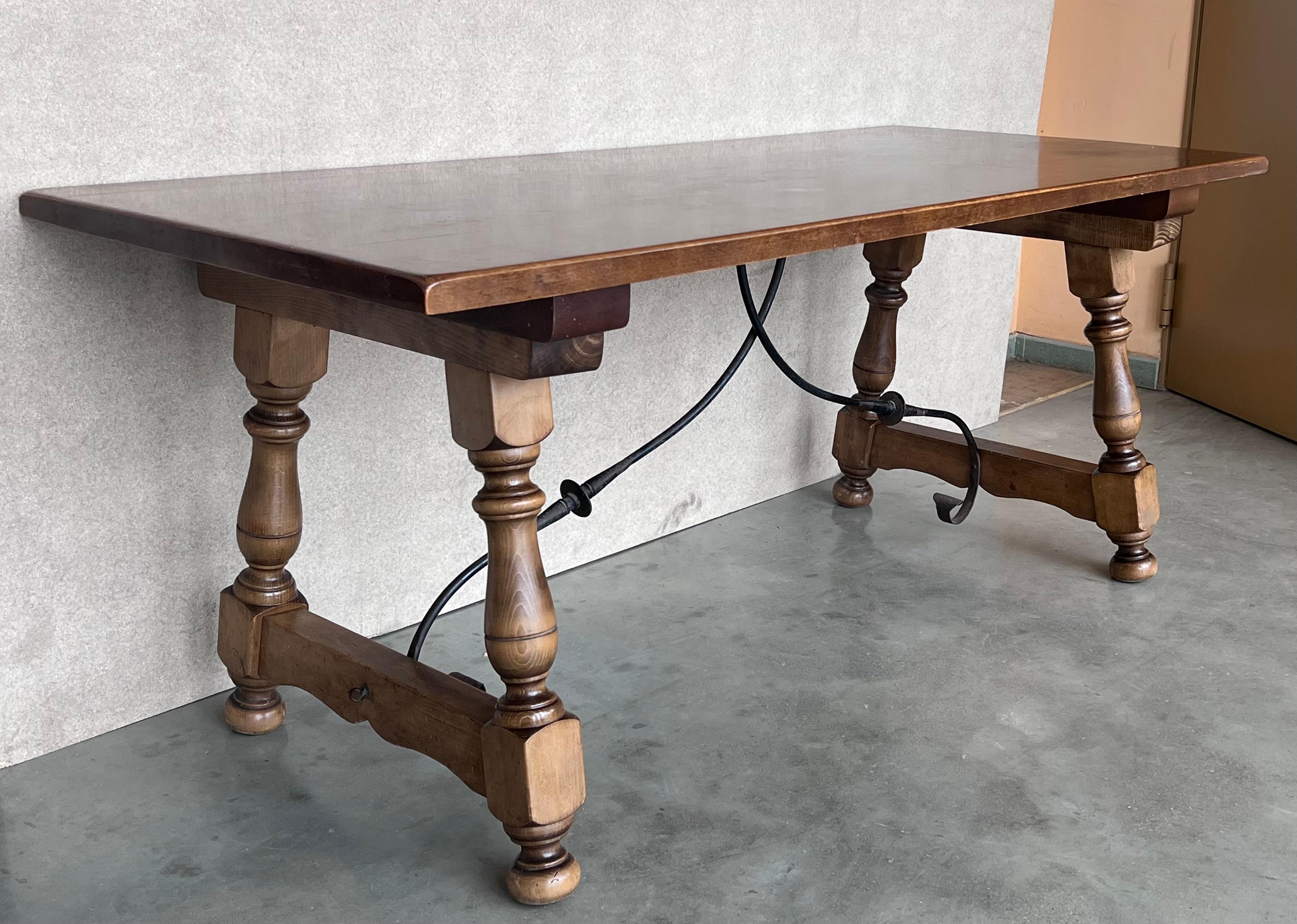 19th Century Late 19th Spanish Walnut Dining Fratino Table with Iron Stretcher For Sale