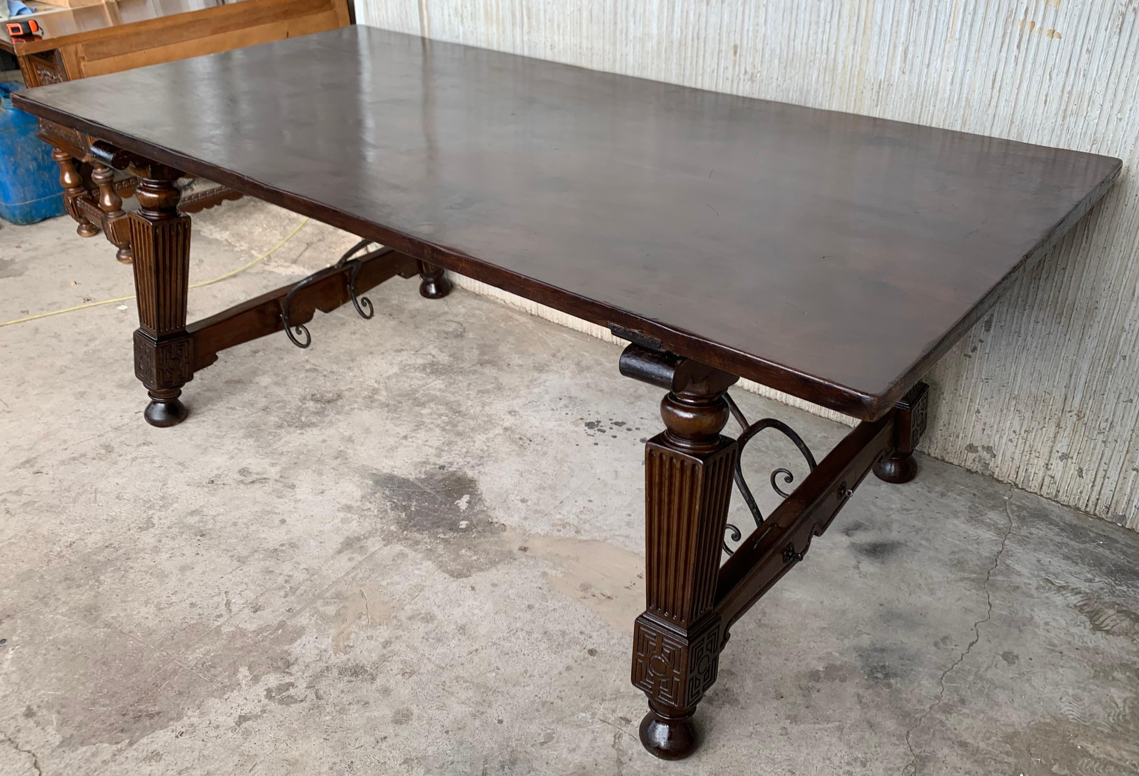 Late 19th Spanish Walnut Dining Fratino Table with Iron Stretcher For Sale 1