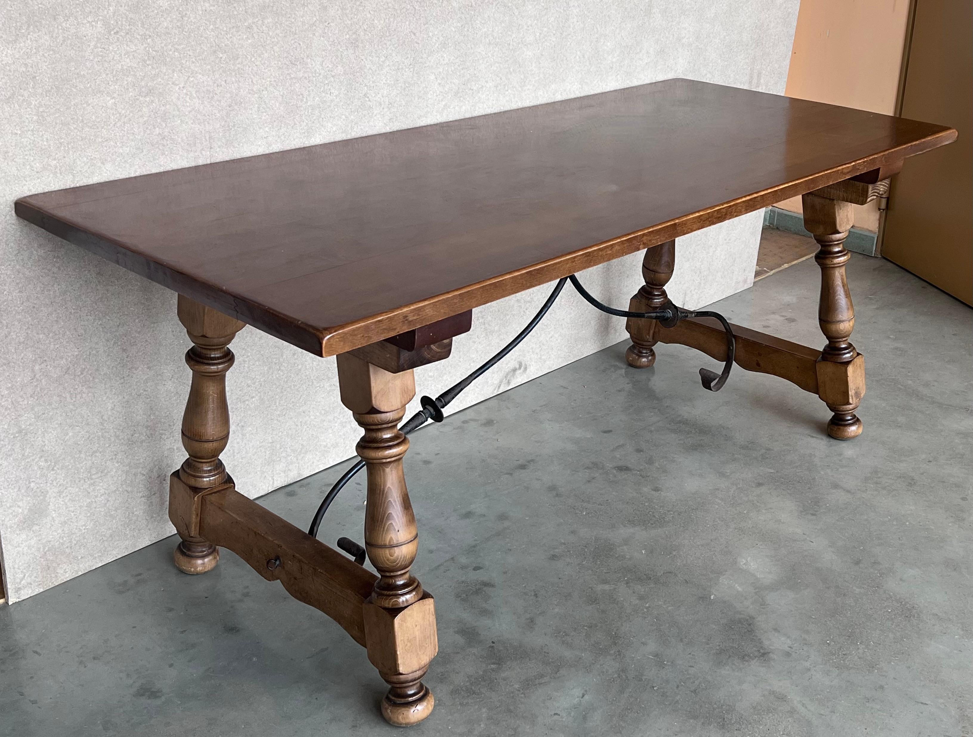 Late 19th Spanish Walnut Dining Fratino Table with Iron Stretcher For Sale 1