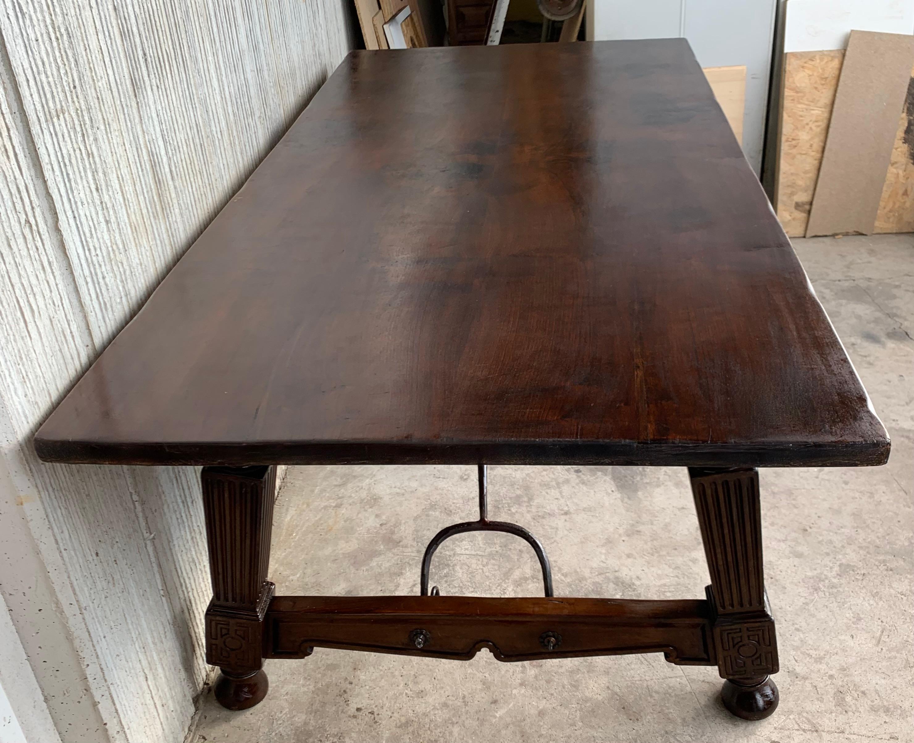 Late 19th Spanish Walnut Dining Fratino Table with Iron Stretcher For Sale 2