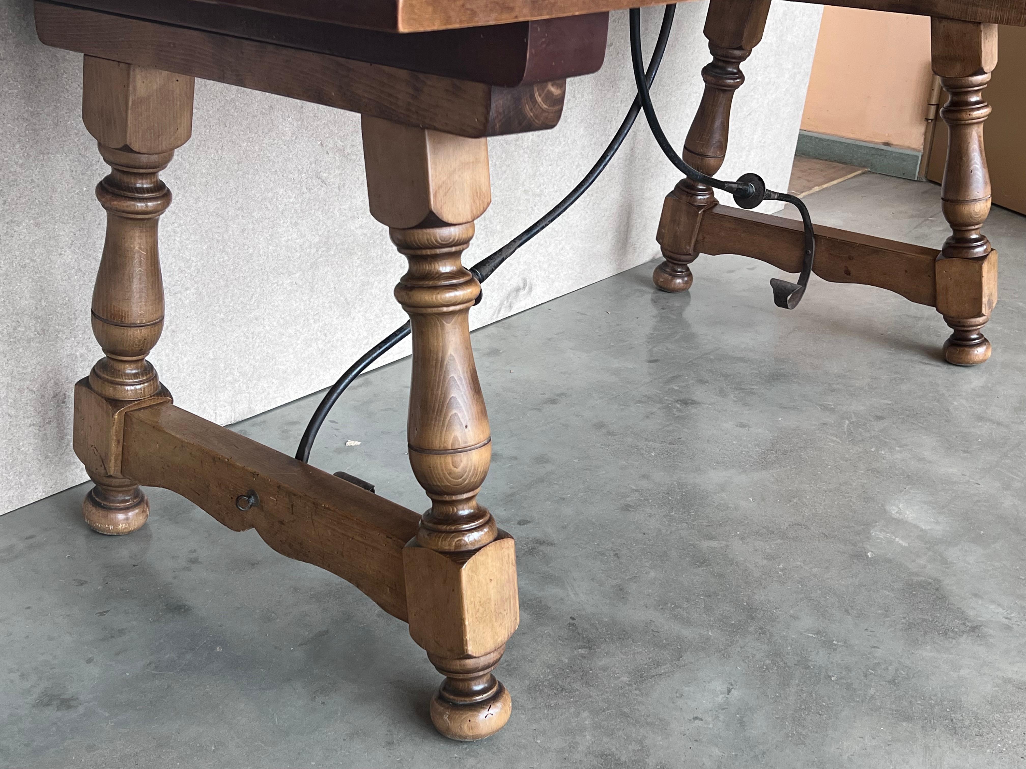 Late 19th Spanish Walnut Dining Fratino Table with Iron Stretcher For Sale 2