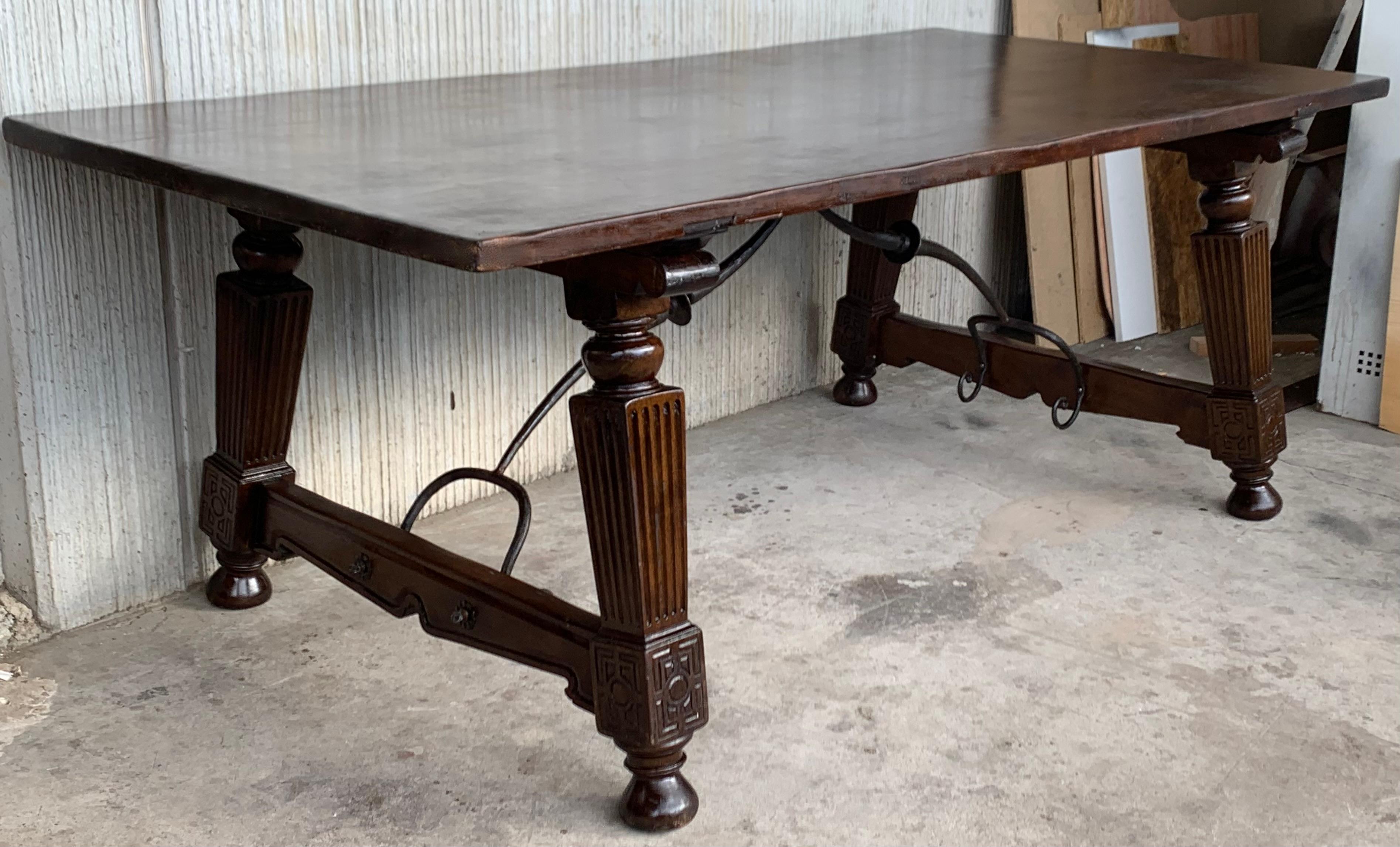 Late 19th Spanish Walnut Dining Fratino Table with Iron Stretcher For Sale 3
