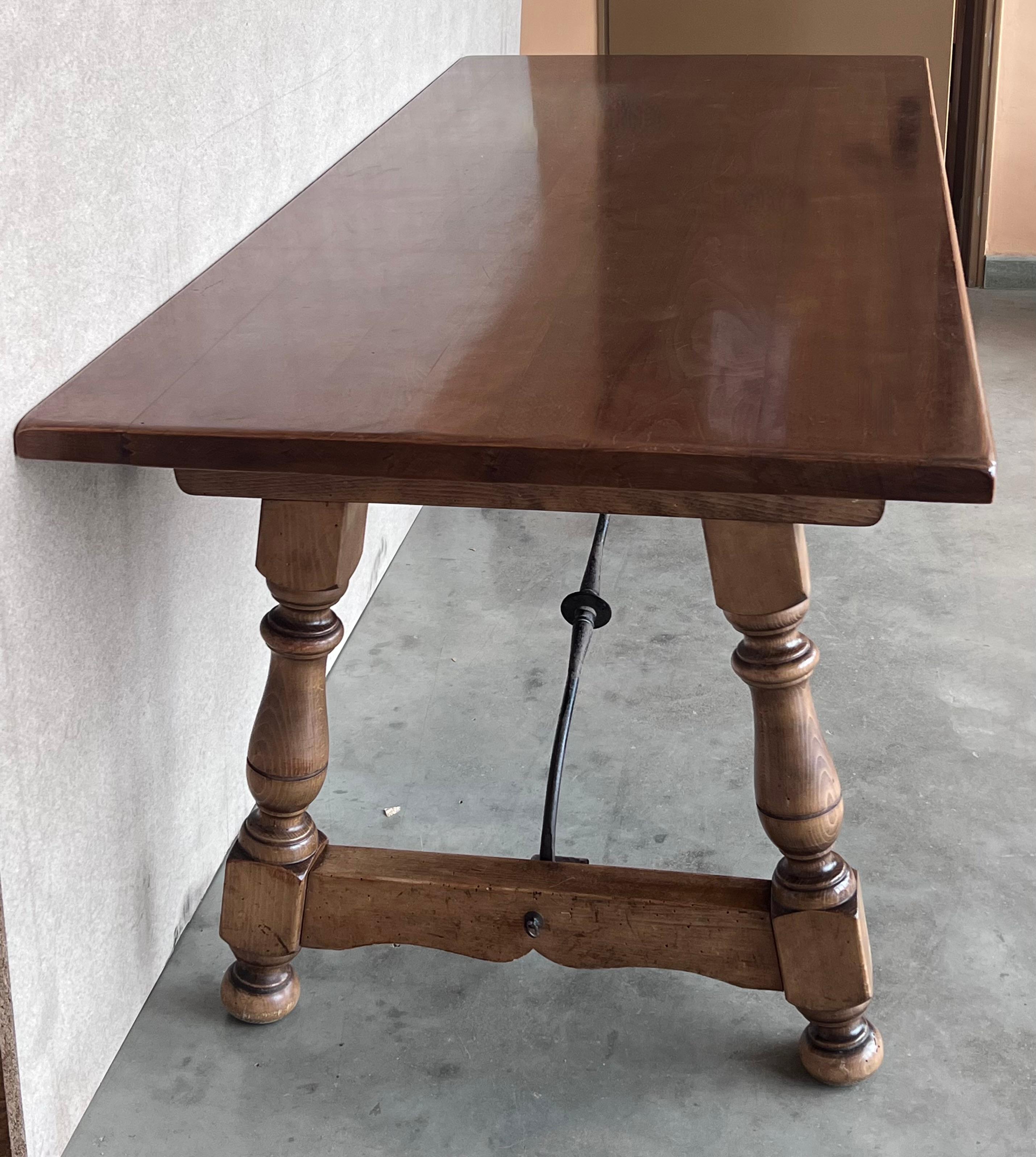 Late 19th Spanish Walnut Dining Fratino Table with Iron Stretcher For Sale 3