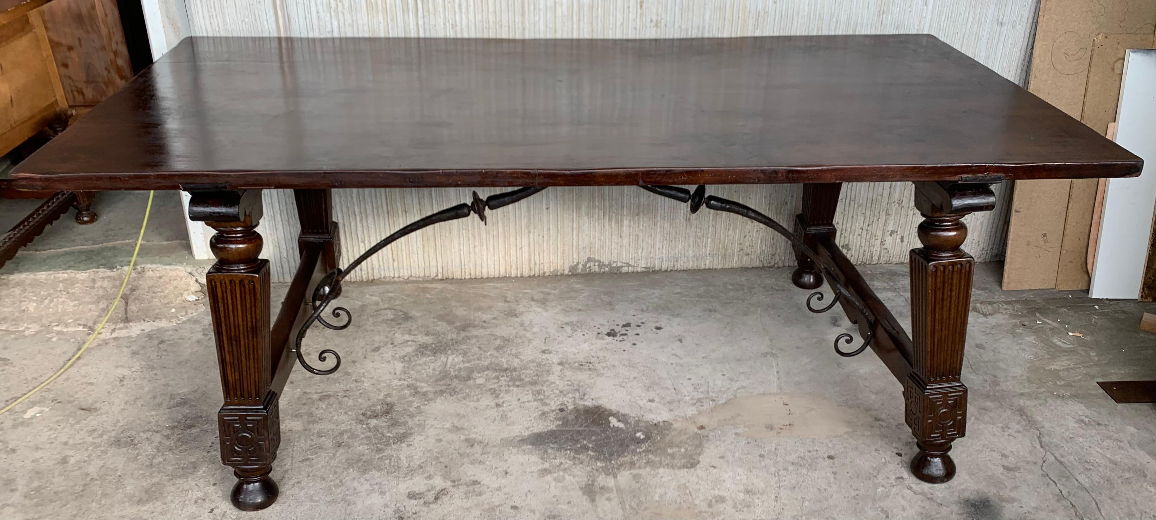 Late 19th Spanish Walnut Dining Fratino Table with Iron Stretcher For Sale 4