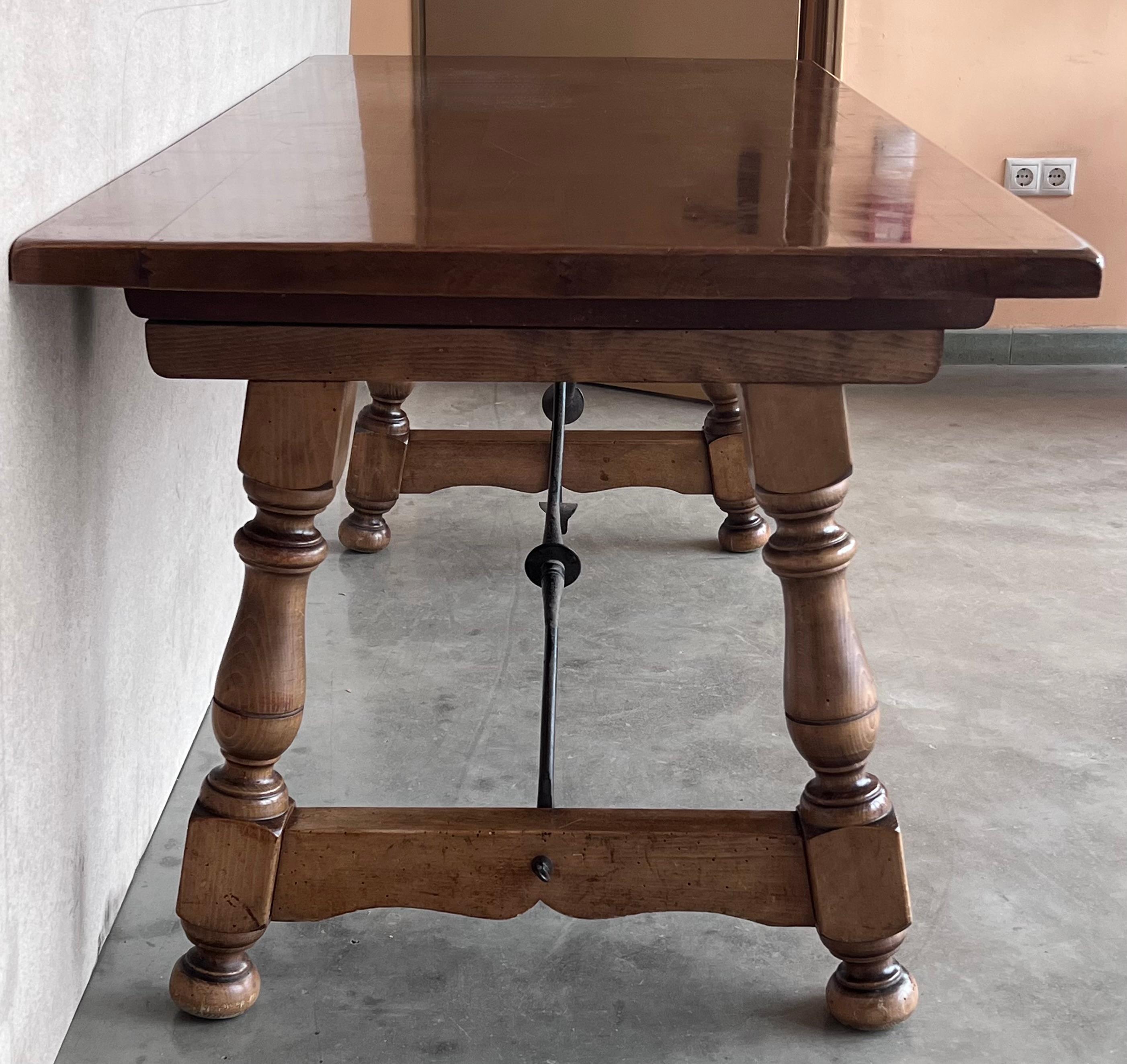 Late 19th Spanish Walnut Dining Fratino Table with Iron Stretcher For Sale 4