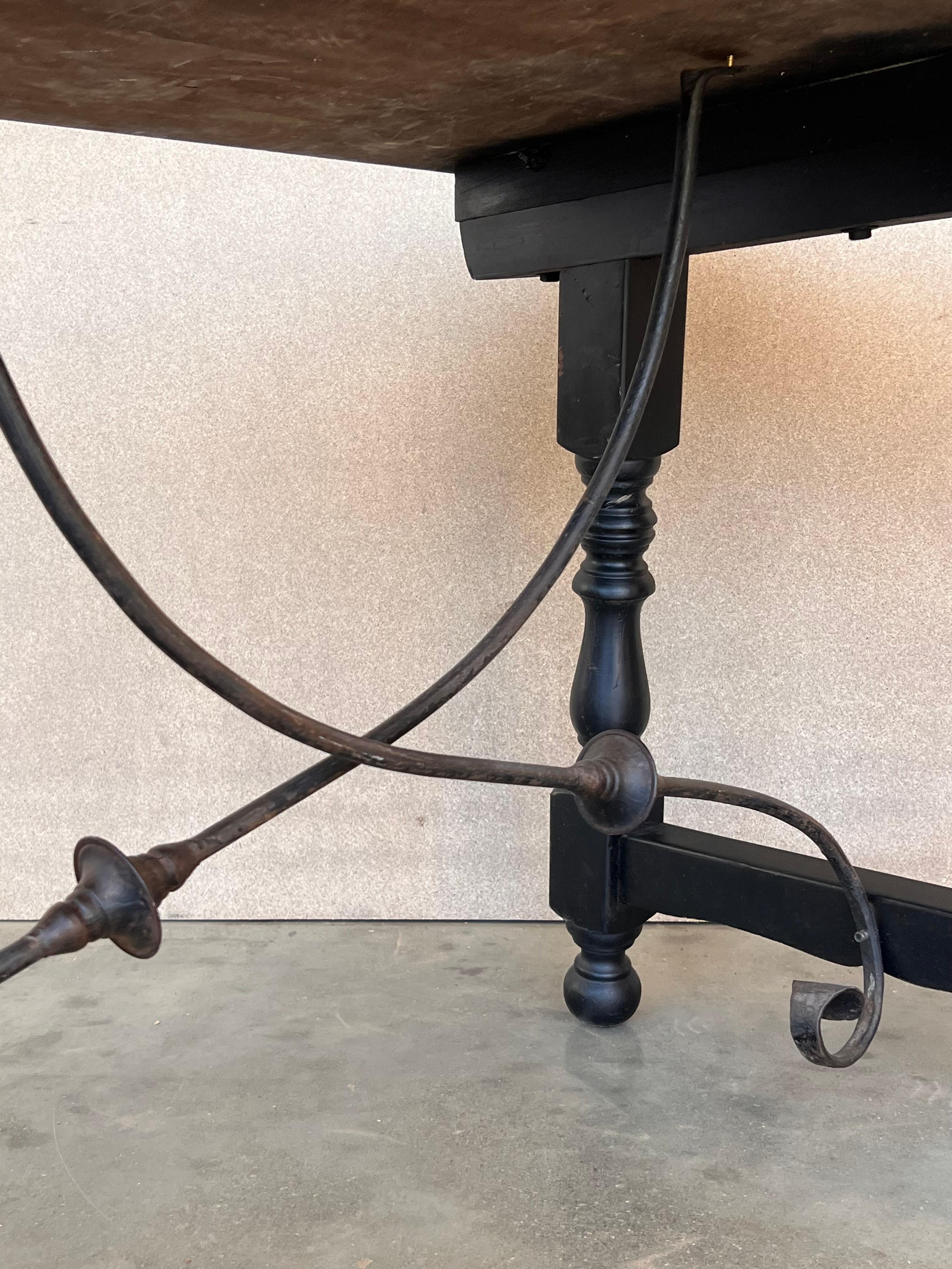 Late 19th Spanish Walnut Dining or Desk Fratino Table with Iron Stretcher For Sale 6