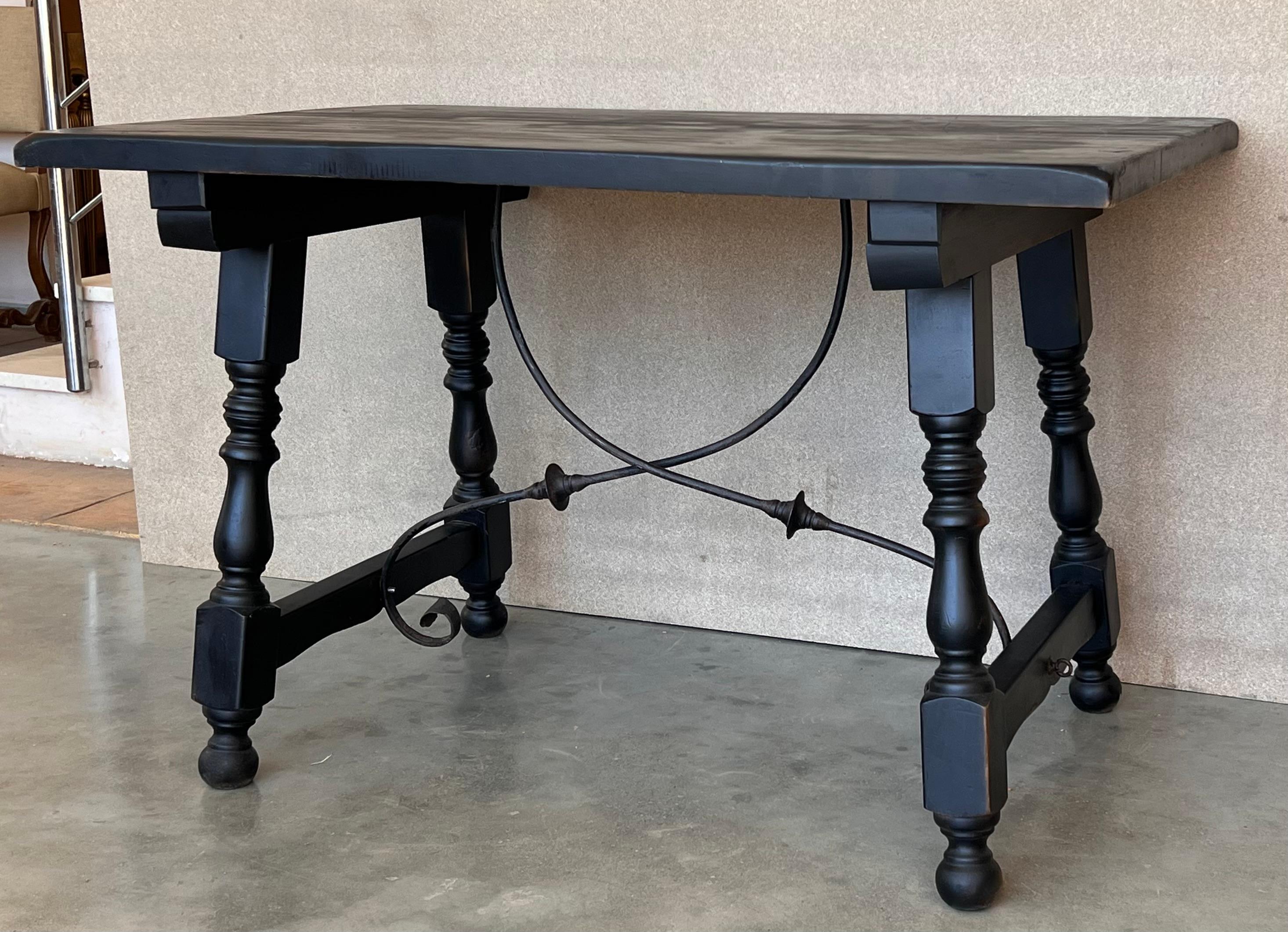 19th Century Late 19th Spanish Walnut Dining or Desk Fratino Table with Iron Stretcher For Sale