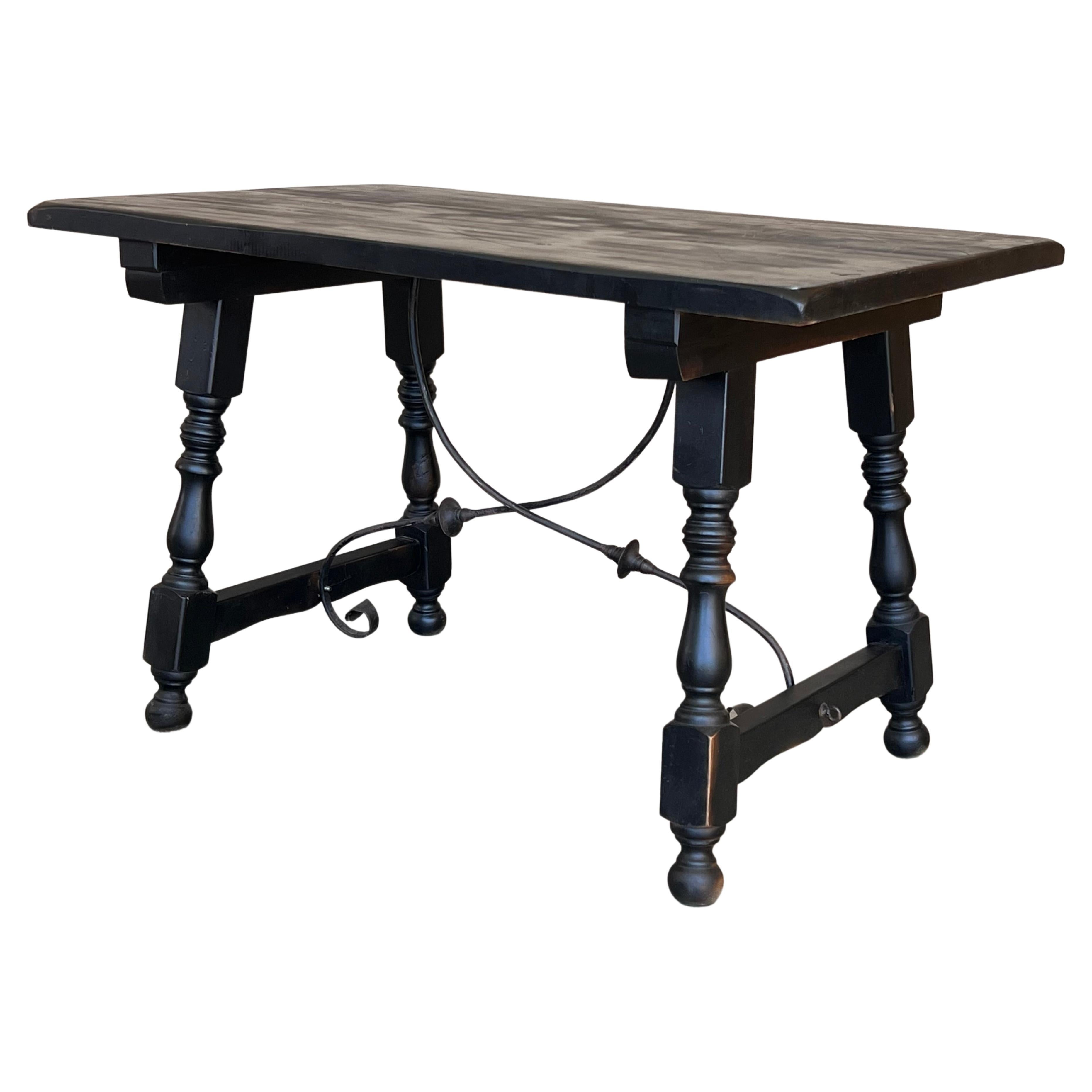 Late 19th Spanish Walnut Dining or Desk Fratino Table with Iron Stretcher