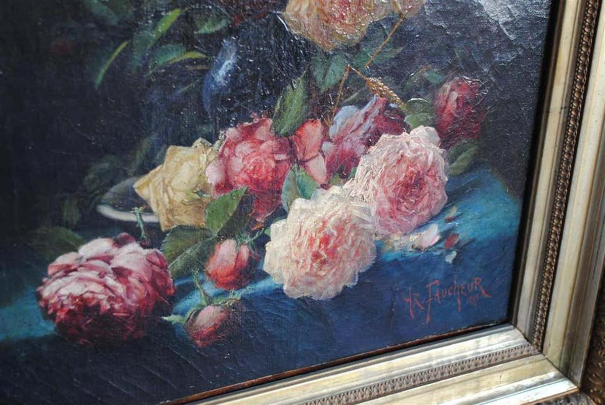 Late 19th Century Still Life Oil Painting Bouquet of Flowers by Arthur Faucheur 4