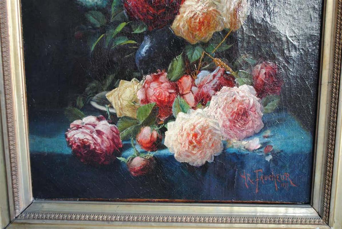 Hand-Painted Late 19th Century Still Life Oil Painting Bouquet of Flowers by Arthur Faucheur