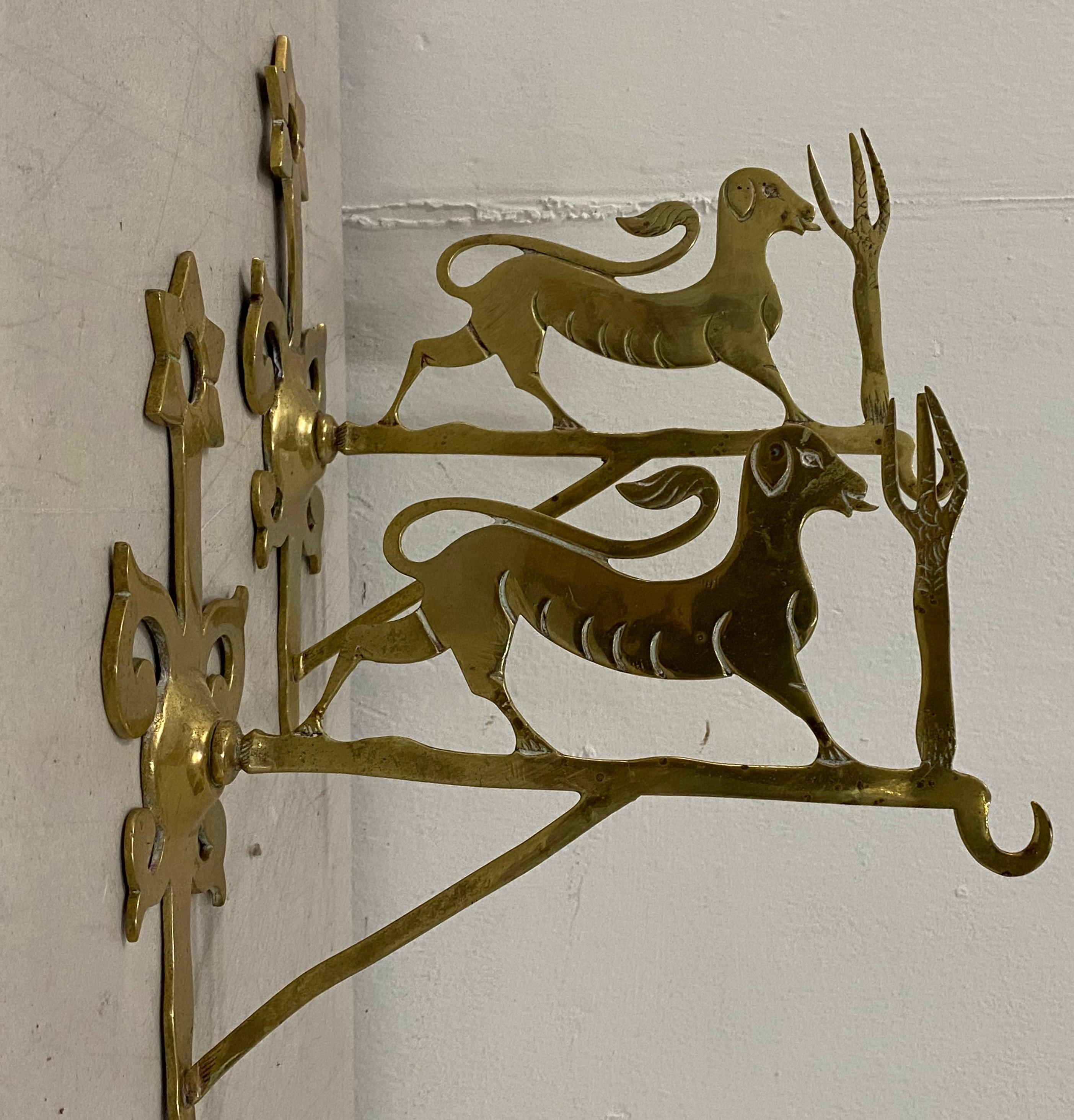 Hand-Crafted Late 19th-Early 20th Century Brass Judaica Wall Brackets For Sale