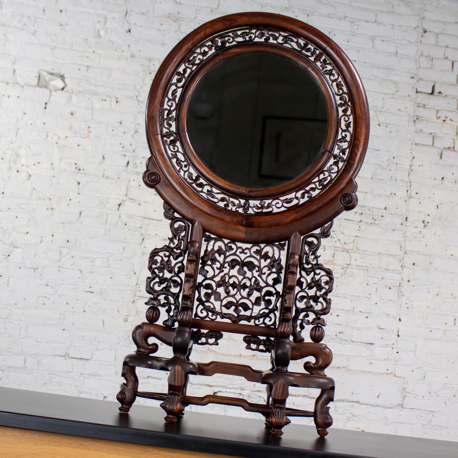 Late 19th to Early 20th Century Chinese Mirror Table Screen Hand Carved Rosewood For Sale 7