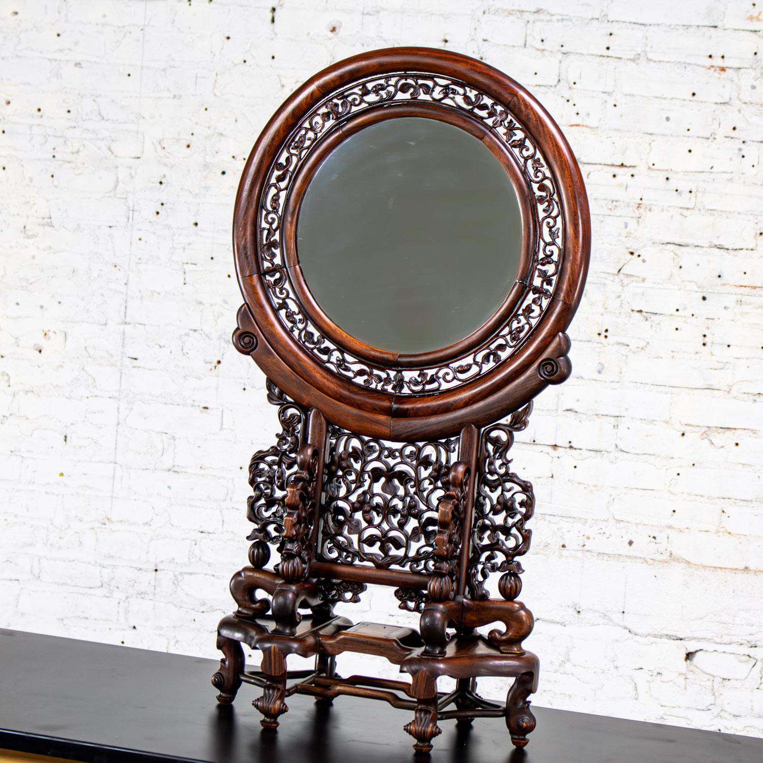 Marvelous Antique Chinese Table Screen composed of 3 pieces, hand carved Rosewood, & a mirror. Beautiful condition, keeping in mind that this is vintage and not new so will have signs of use and wear even if it has been refinished or restored.