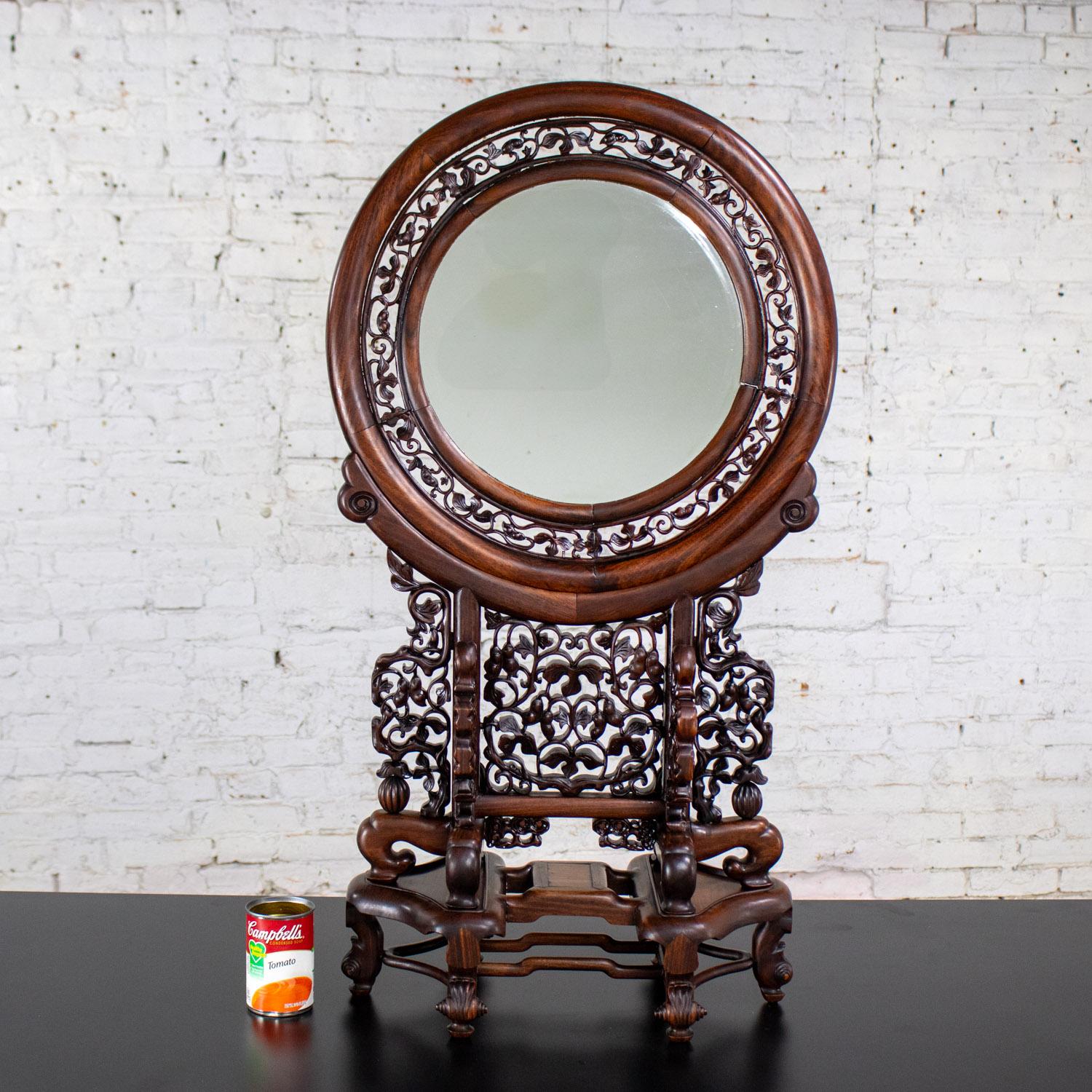 Late 19th to Early 20th Century Chinese Mirror Table Screen Hand Carved Rosewood For Sale 14