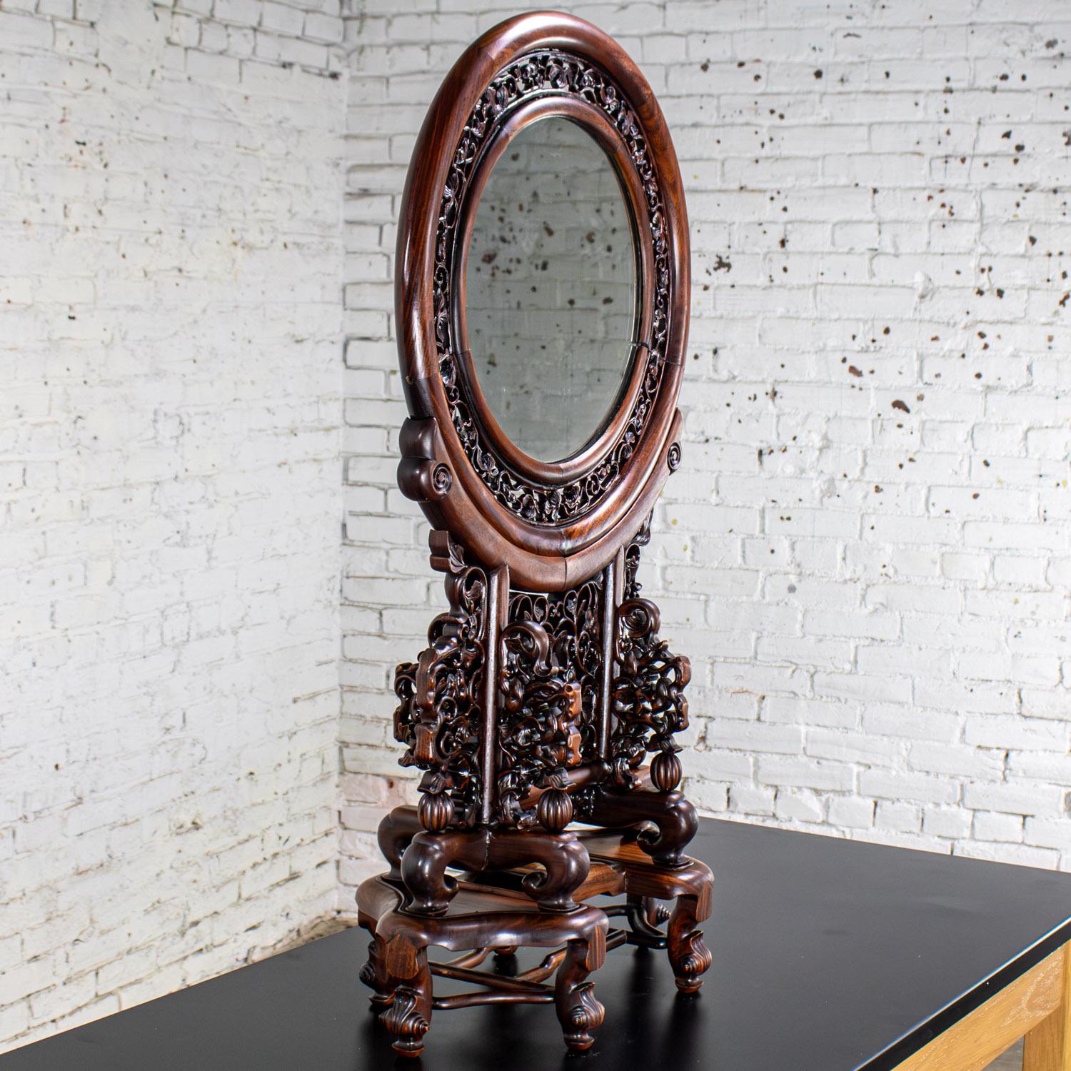 Hand-Carved Late 19th to Early 20th Century Chinese Mirror Table Screen Hand Carved Rosewood For Sale