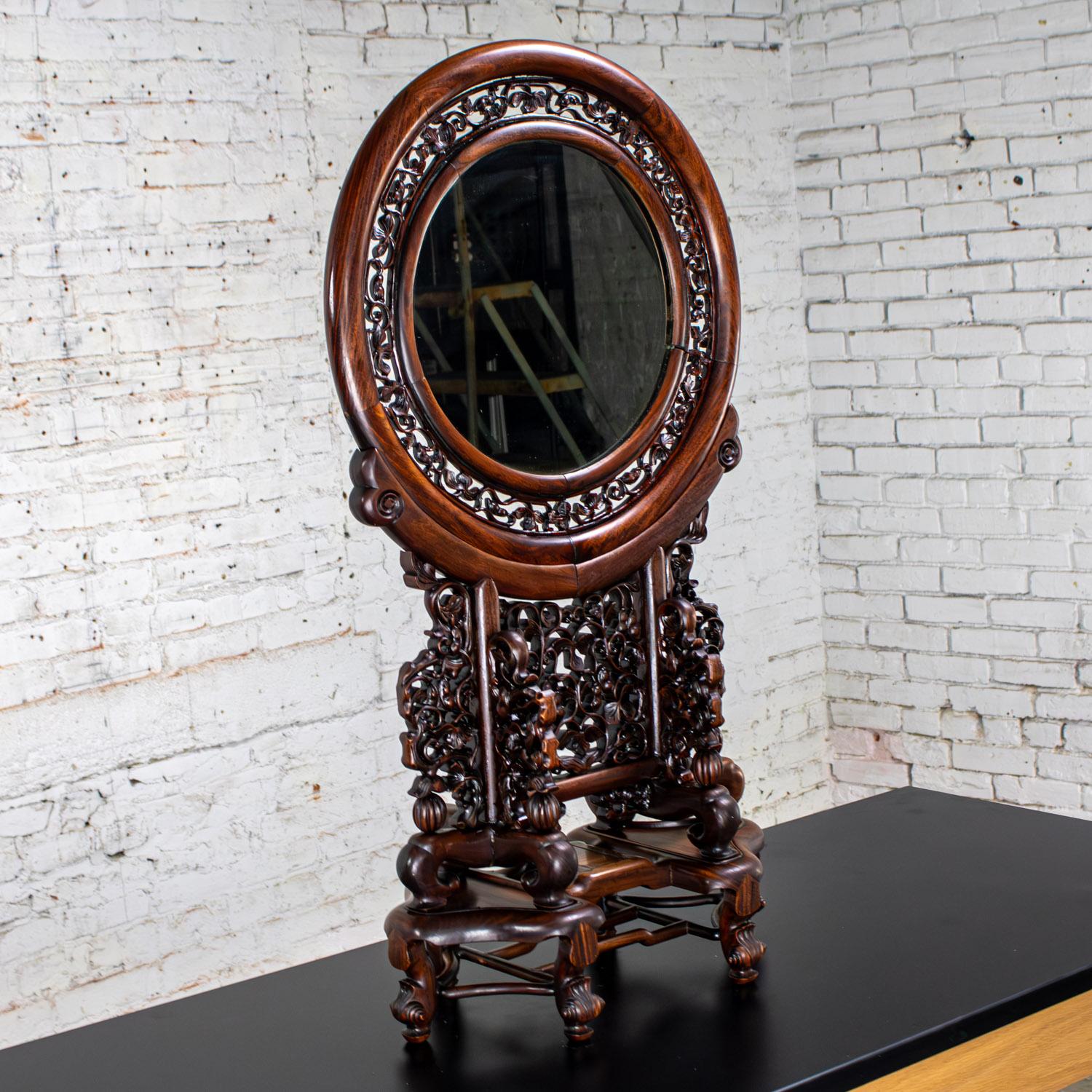 Late 19th to Early 20th Century Chinese Mirror Table Screen Hand Carved Rosewood In Good Condition For Sale In Topeka, KS