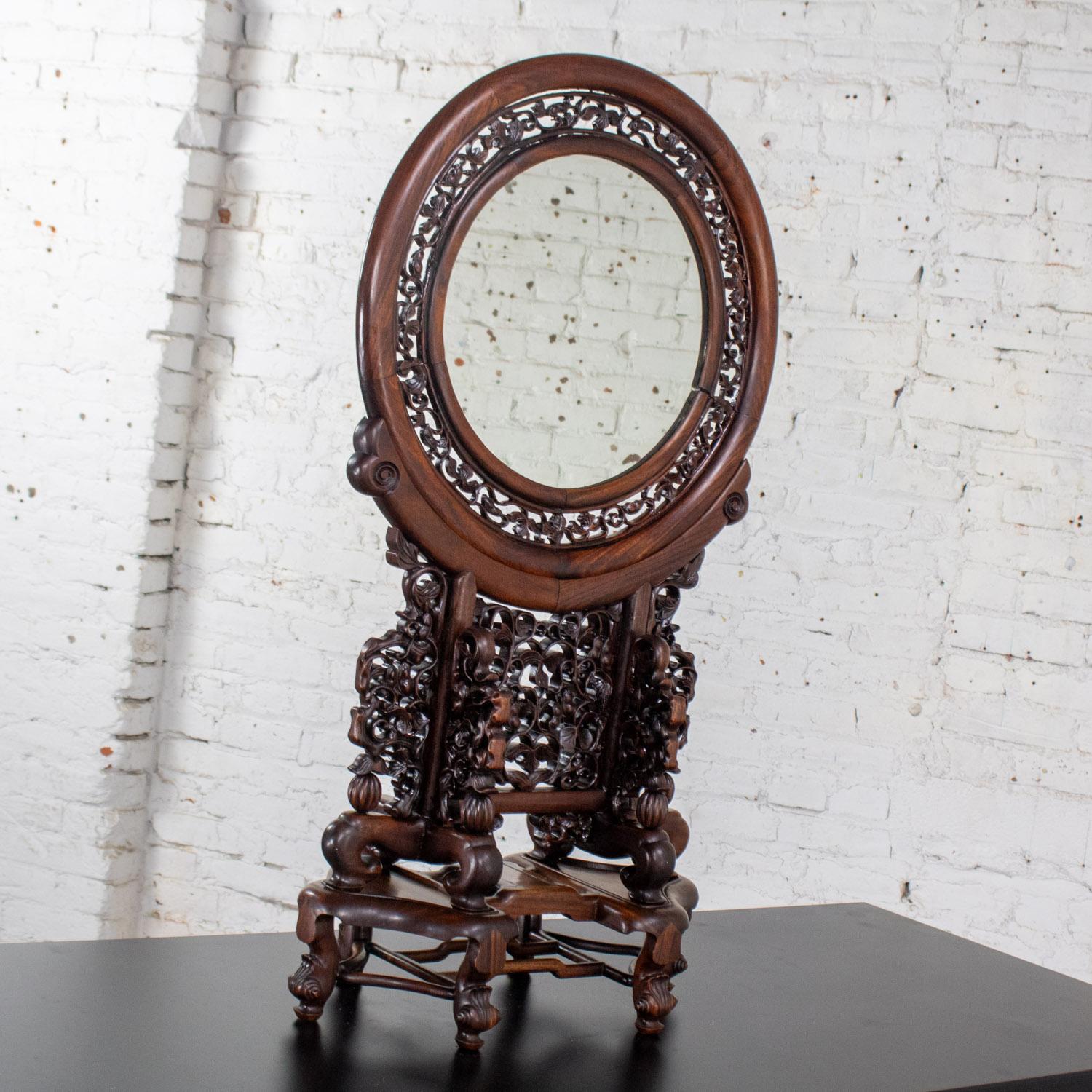 19th Century Late 19th to Early 20th Century Chinese Mirror Table Screen Hand Carved Rosewood For Sale