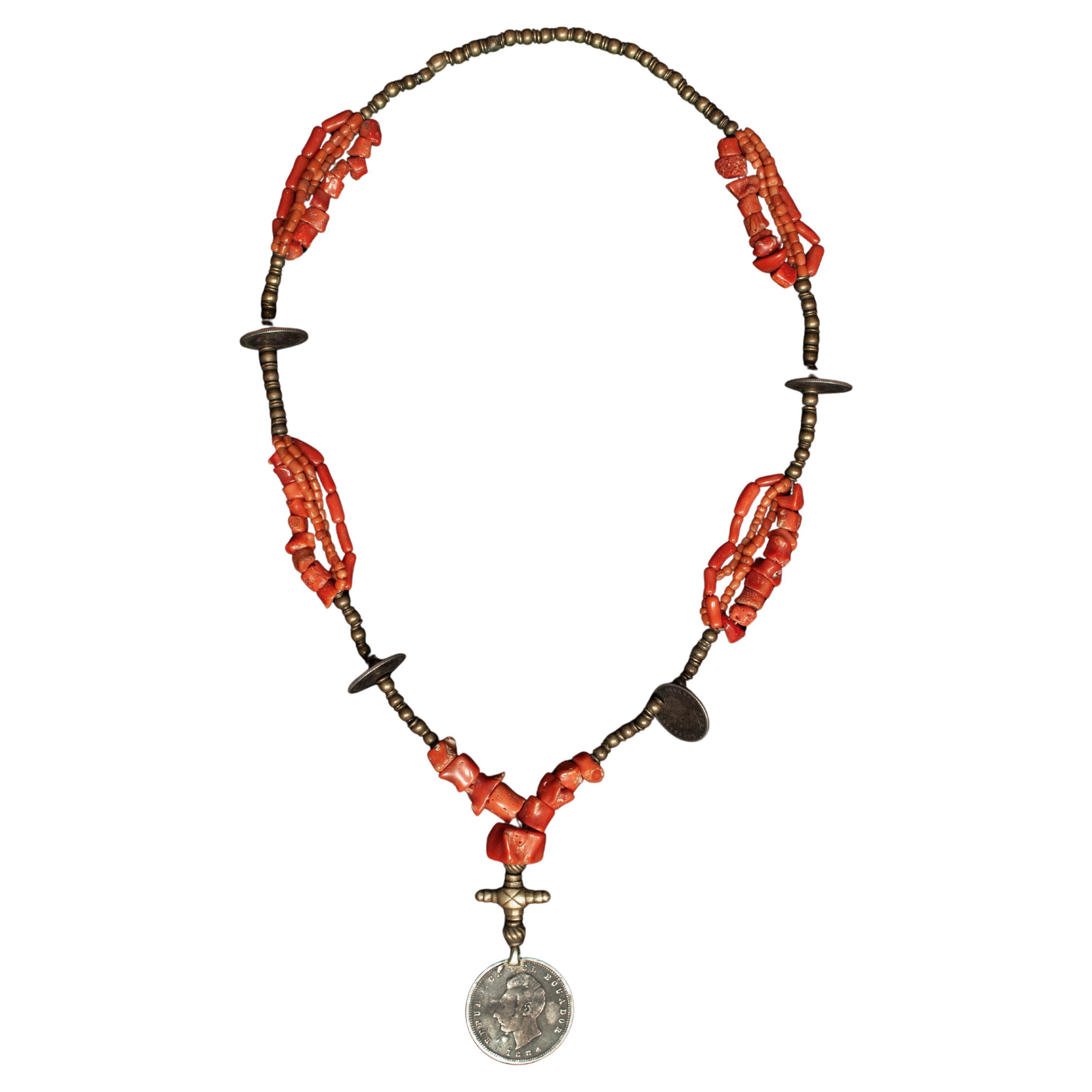 Late 19th to Early 20th Century Coral and Silver Necklace, Ecuador