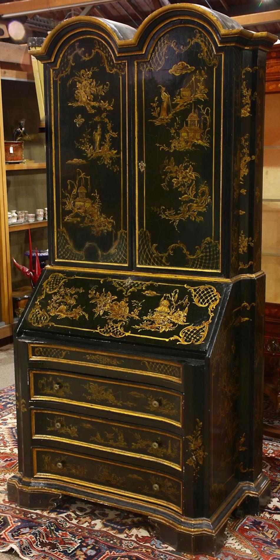 English Late 19th-Early 20th Century George II Style Chinoiserie Drop Front Secretary