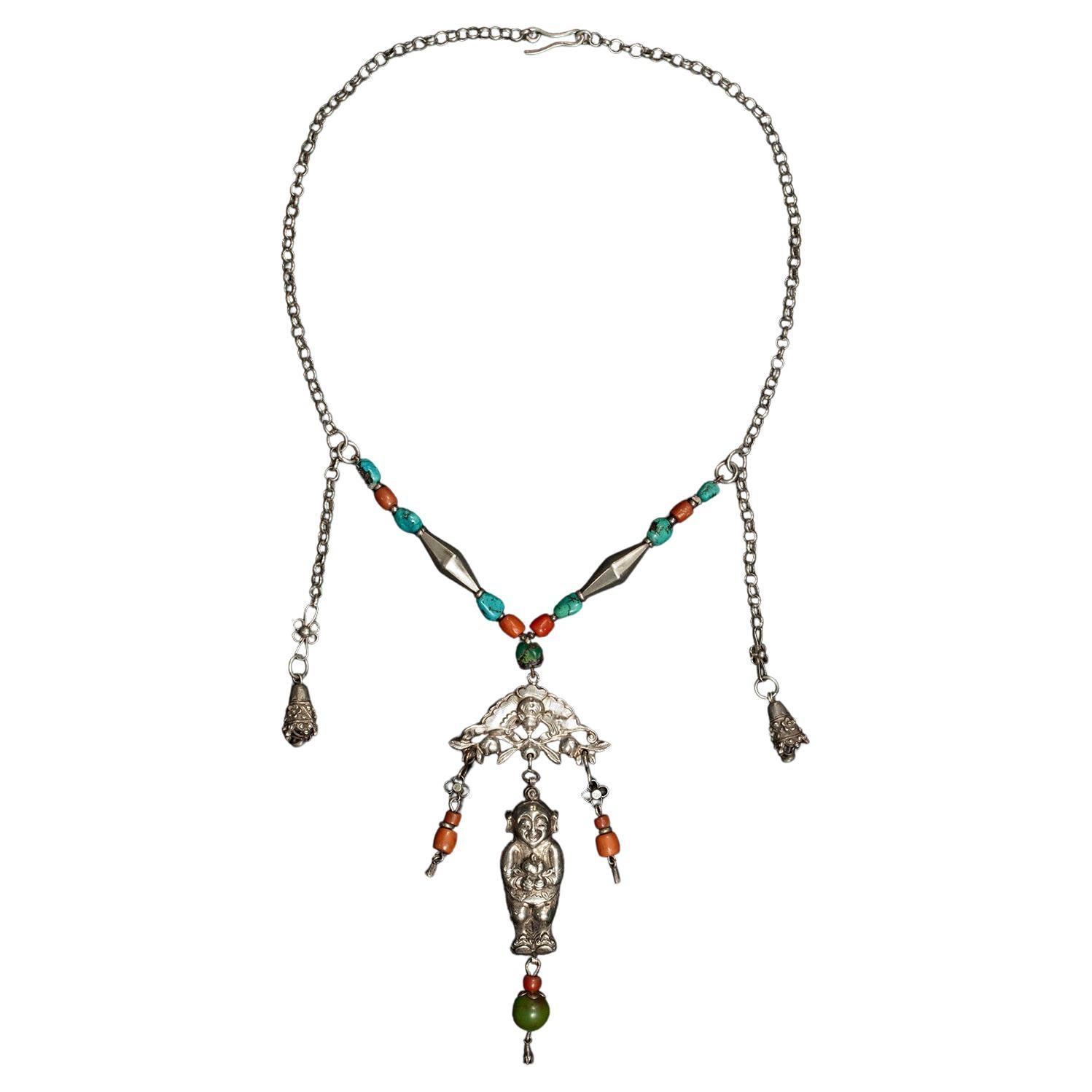Late 19th to Early 20th Century Silver Baby Amulet Necklace, China For Sale