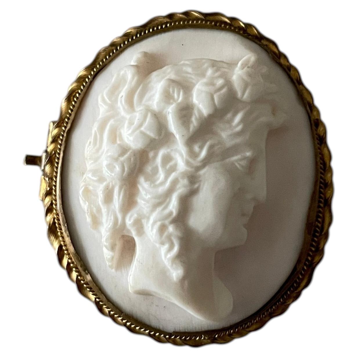 Late 19th Victorian Hand-Carved Angel Skin Shell Cameo Brooch of Flora, Goddess