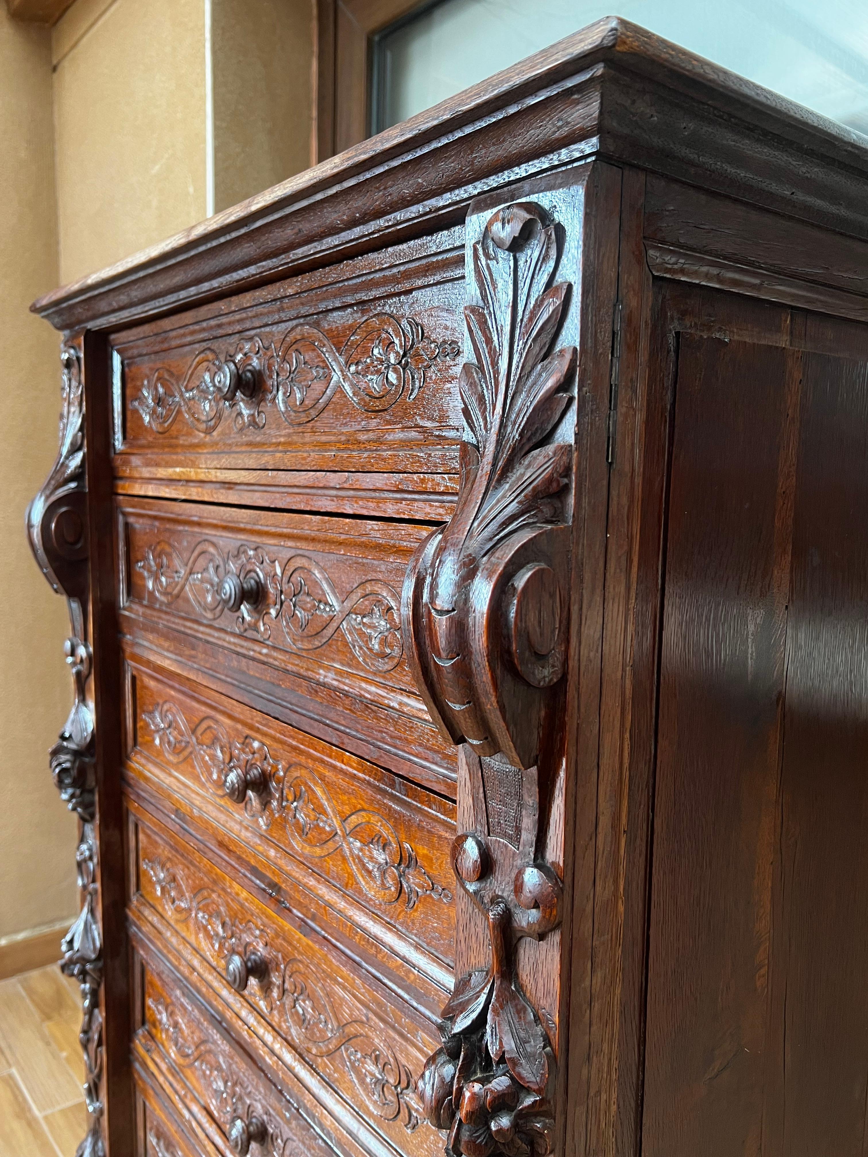 Late 19th Walnut Nine Drawer Tall French Carved Chest or Siffonier For Sale 3