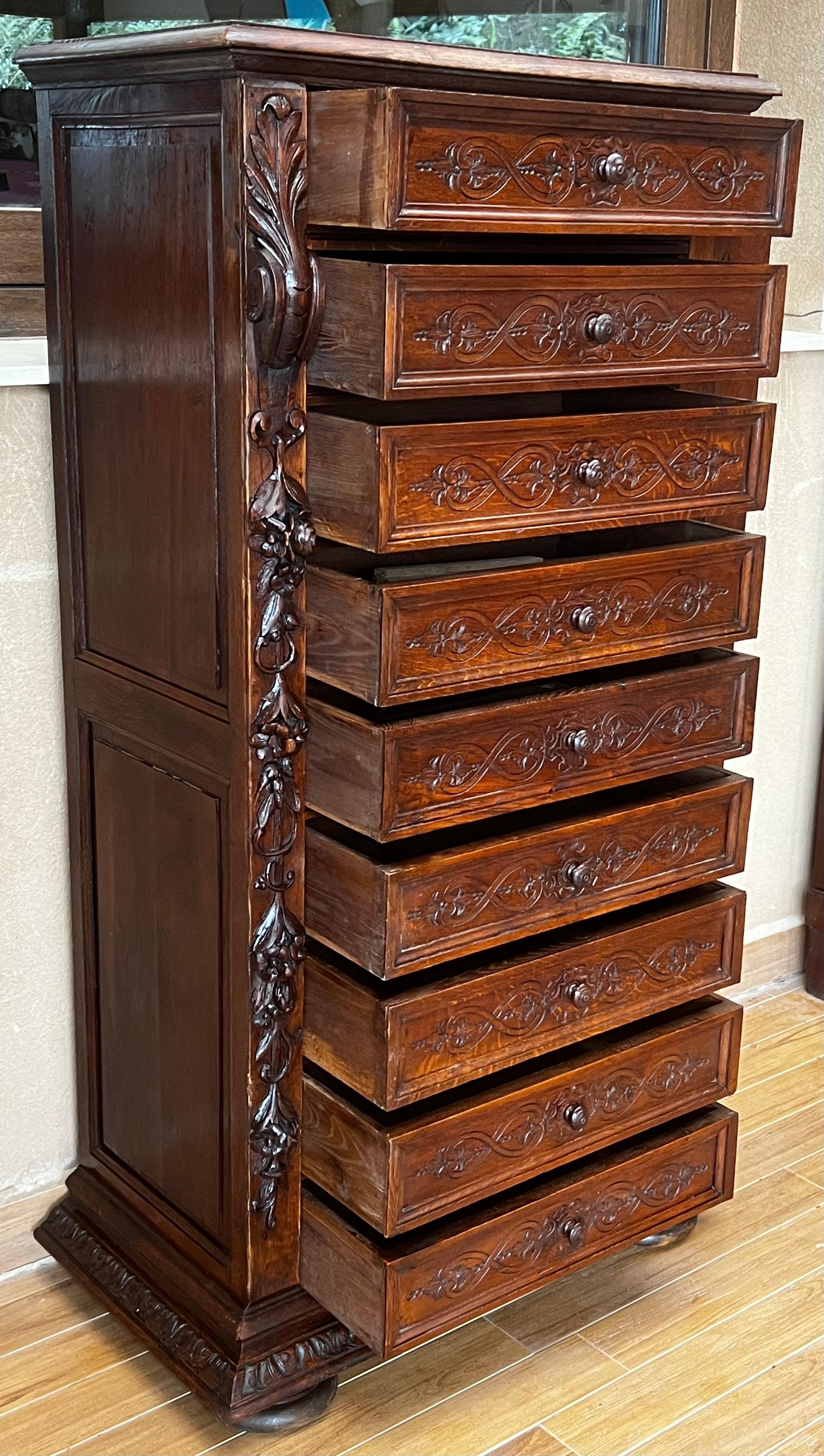 Late 19th Walnut Nine Drawer Tall French Carved Chest or Siffonier In Good Condition For Sale In Miami, FL