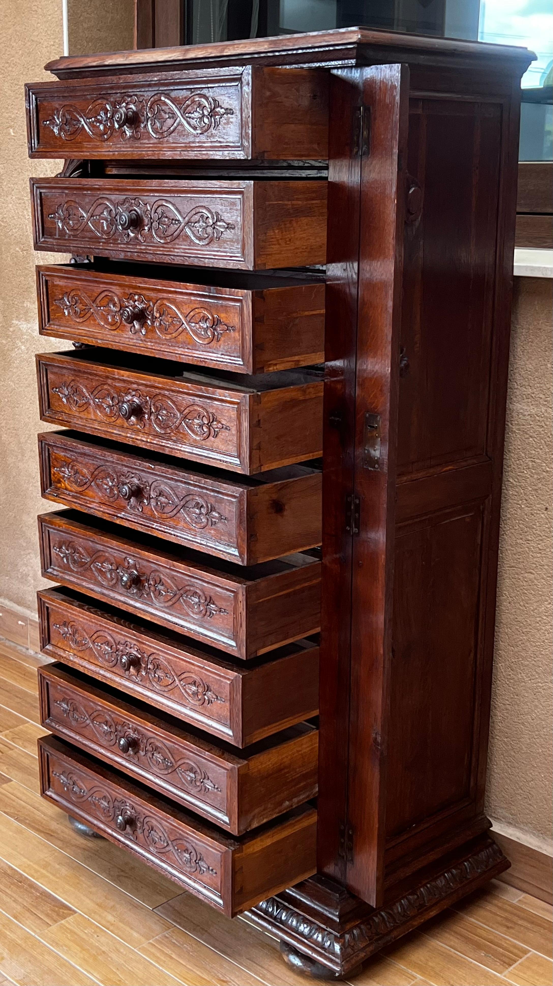 19th Century Late 19th Walnut Nine Drawer Tall French Carved Chest or Siffonier For Sale
