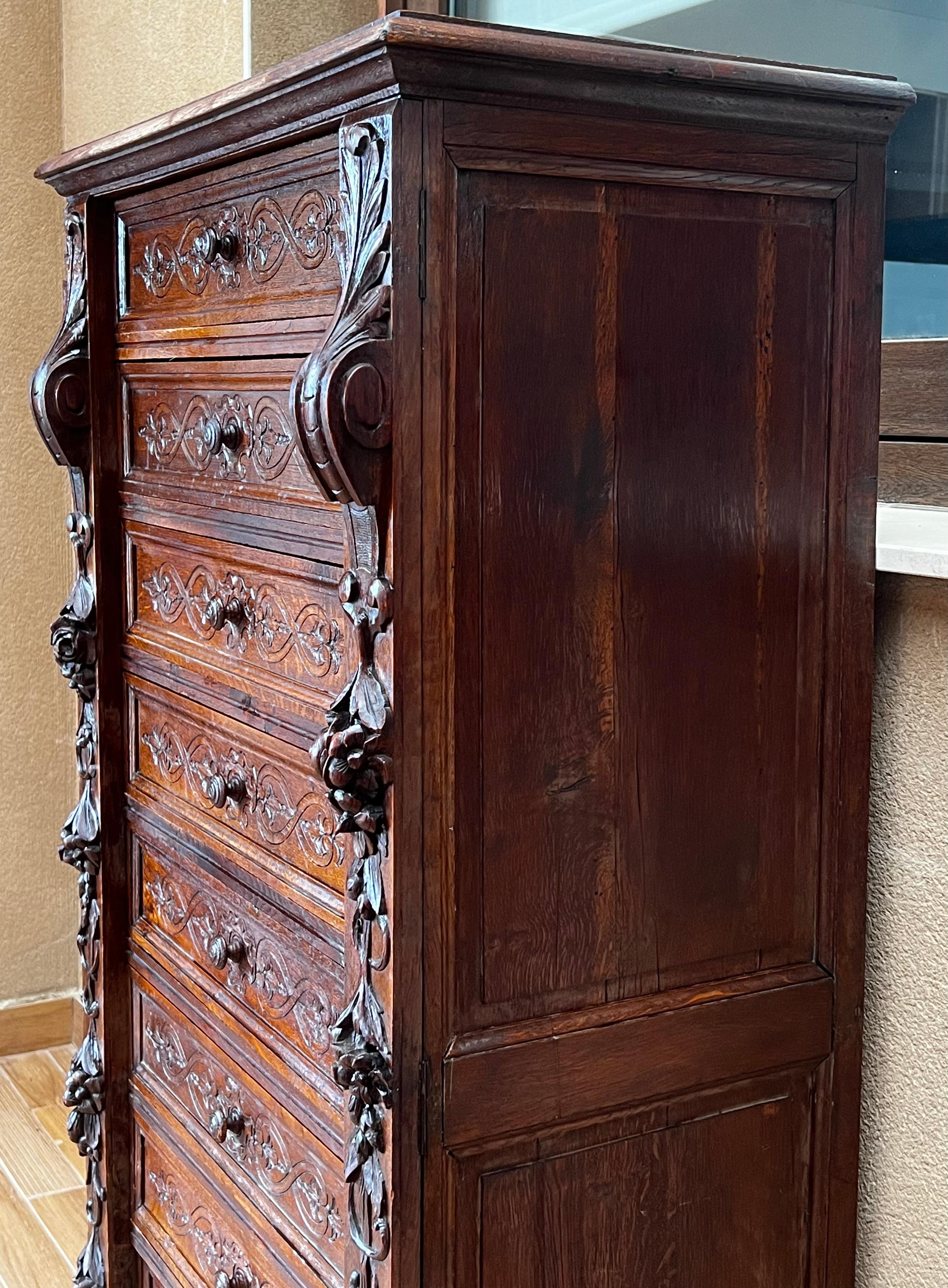 Late 19th Walnut Nine Drawer Tall French Carved Chest or Siffonier For Sale 1