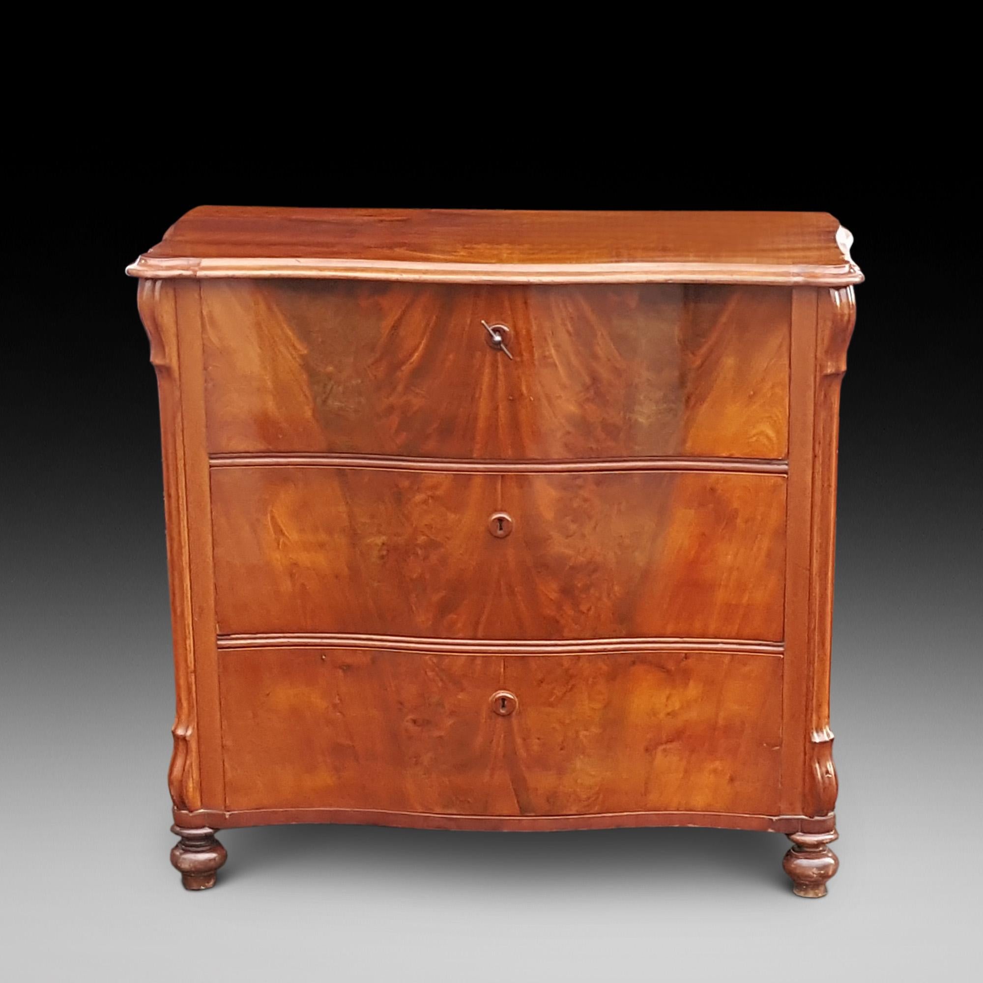 Late 19th century Biedermeier flame mahogany serpentine fronted chest of three drawers on bun feet - 36