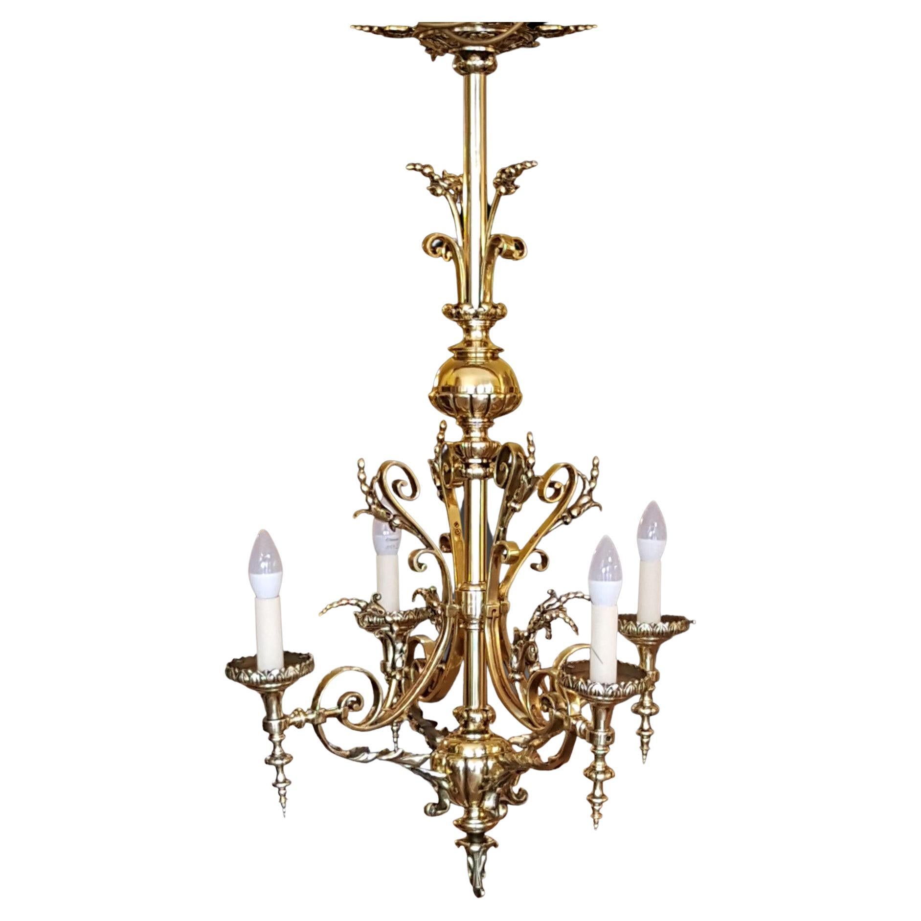 Late 19th Century Brass 4 Arm Chandelier For Sale