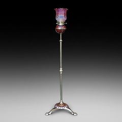 Late 19thC Brass & Copper Floor Standing Cranberry Glass Oil Lamp