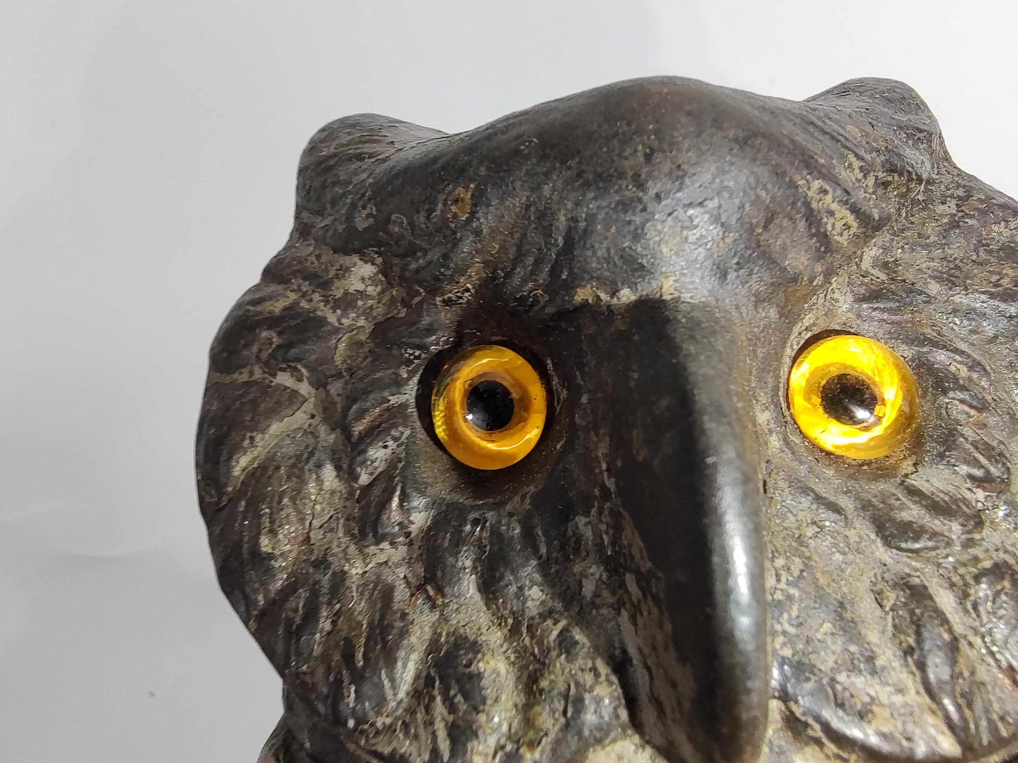American Late 19th Century Cast Iron Owl Bank with a Turning Head and Glass Eyes, 1880 For Sale