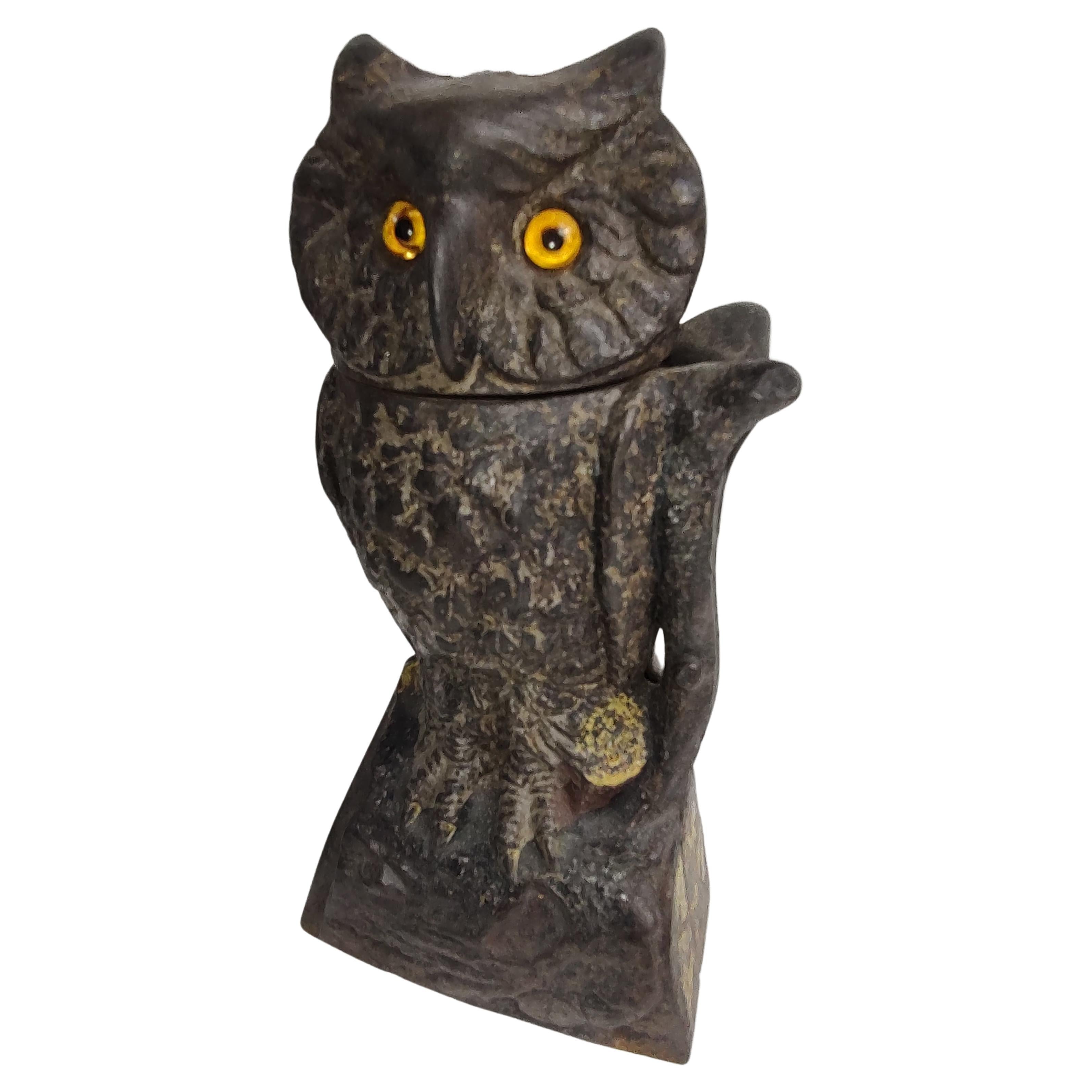 American Classical Late 19th Century Cast Iron Owl Bank with a Turning Head and Glass Eyes, 1880 For Sale