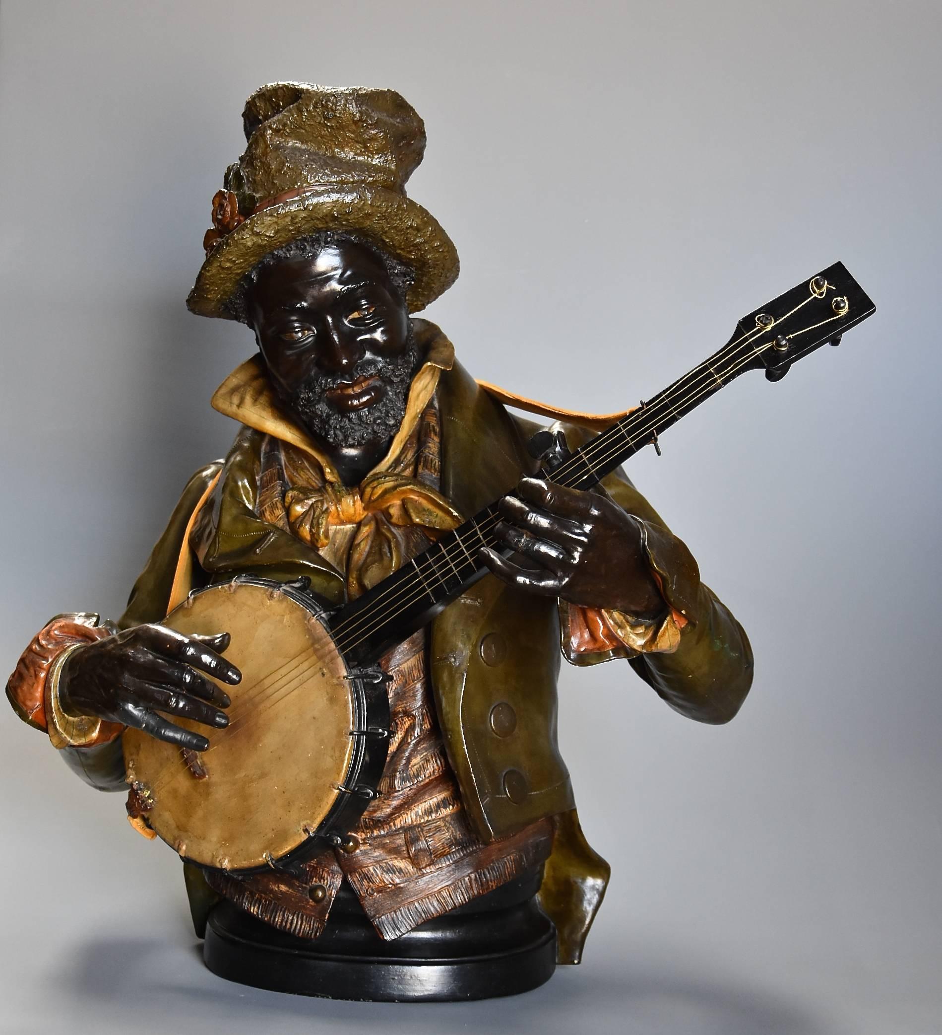 European Late 19th Century Fine Quality Lifesize Terracotta Bust of the 'Banjo Player' For Sale