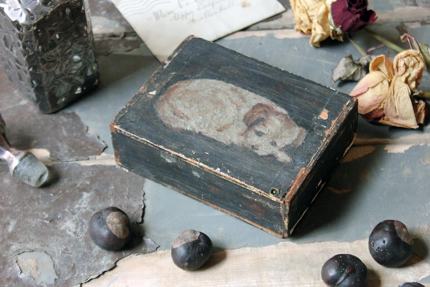 Late 19th Century Folk Art Pine Cigar Box Painted with Study of a Border Terrier 10