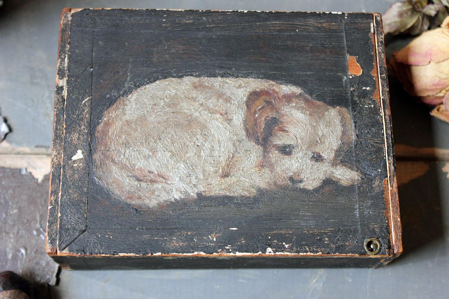 English Late 19th Century Folk Art Pine Cigar Box Painted with Study of a Border Terrier