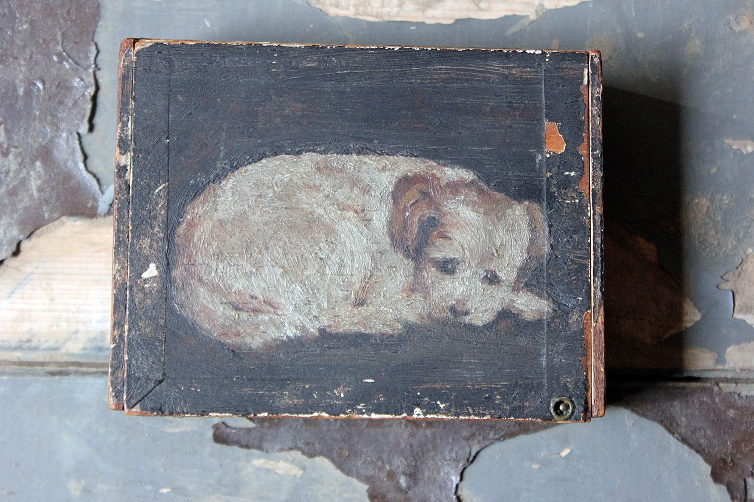 Hand-Painted Late 19th Century Folk Art Pine Cigar Box Painted with Study of a Border Terrier