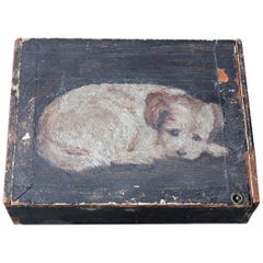 Antique Late 19th Century Folk Art Pine Cigar Box Painted with Study of a Border Terrier