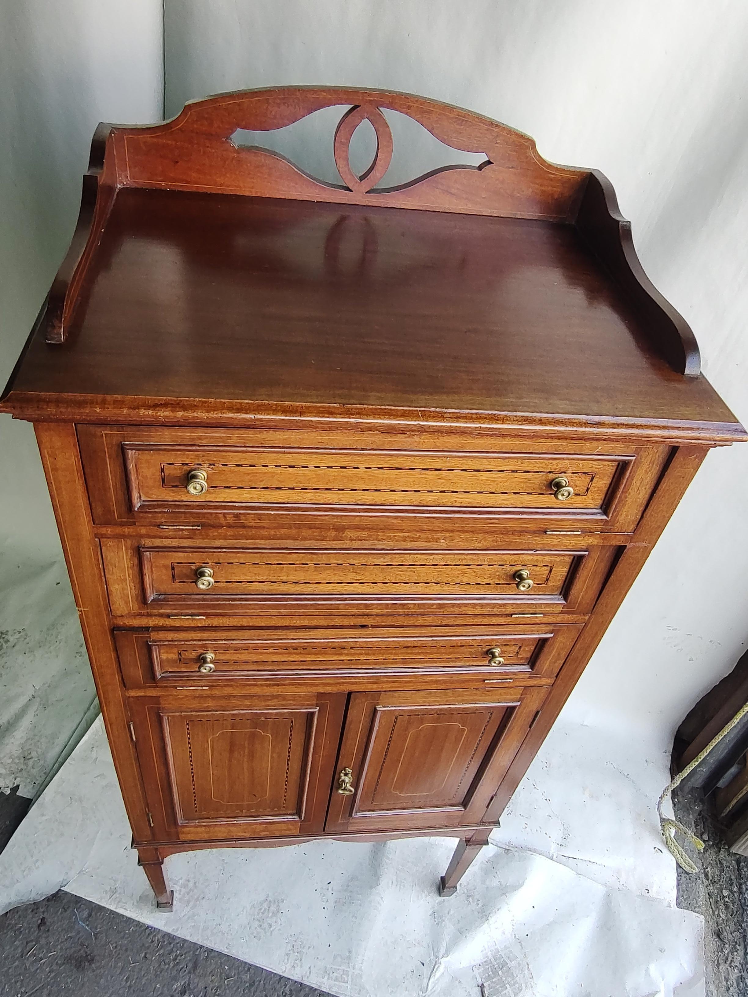 Late 19th Century Mahogany French Music Cabinet with Inlay & Drop Down Drawers 3