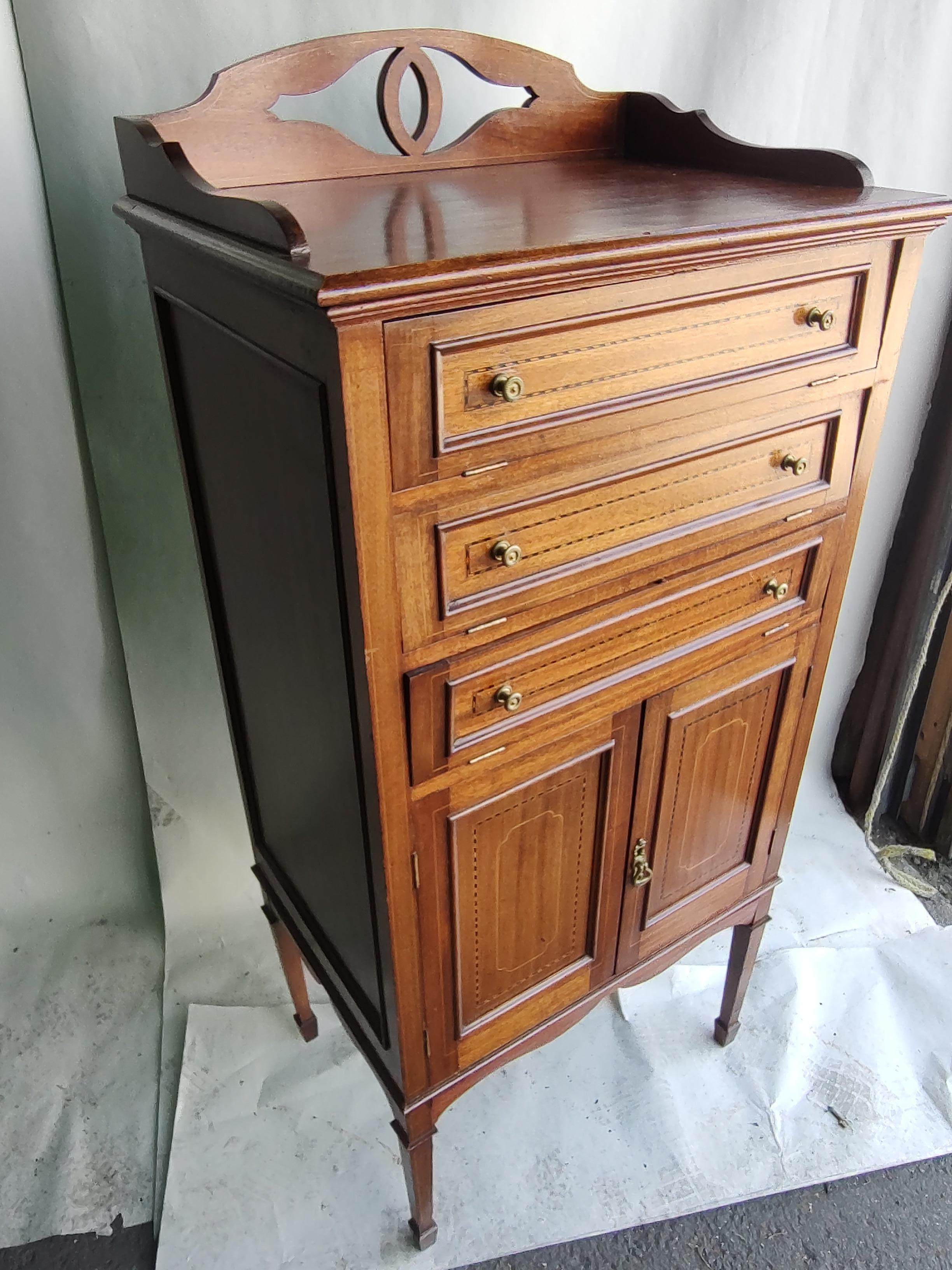 Late 19th Century Mahogany French Music Cabinet with Inlay & Drop Down Drawers In Good Condition In Port Jervis, NY
