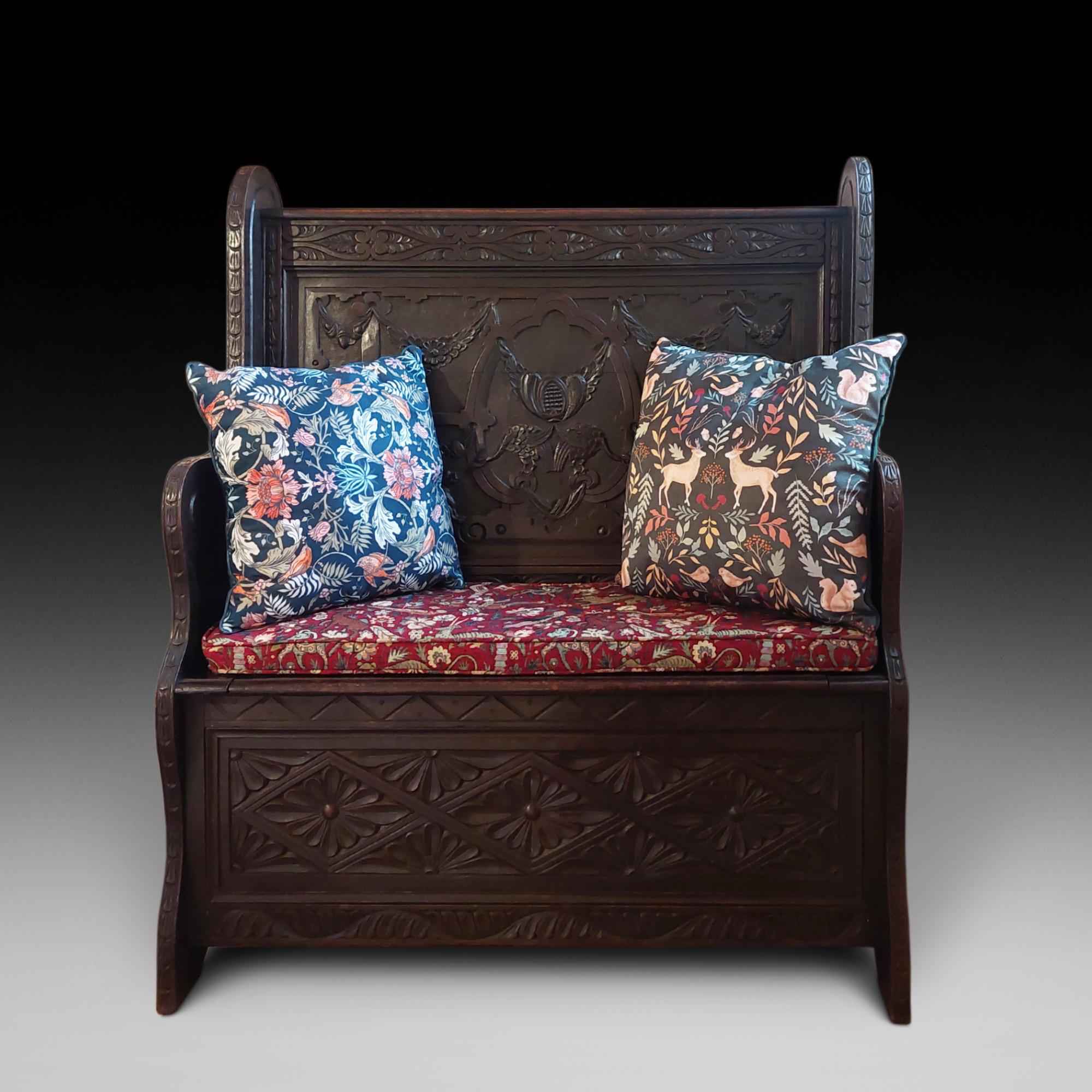 Late 19thC Oak Carved Jacobean Style Monks Bench with box seat and carved Royal King and Queen to upright with animal and swag decoration - 38