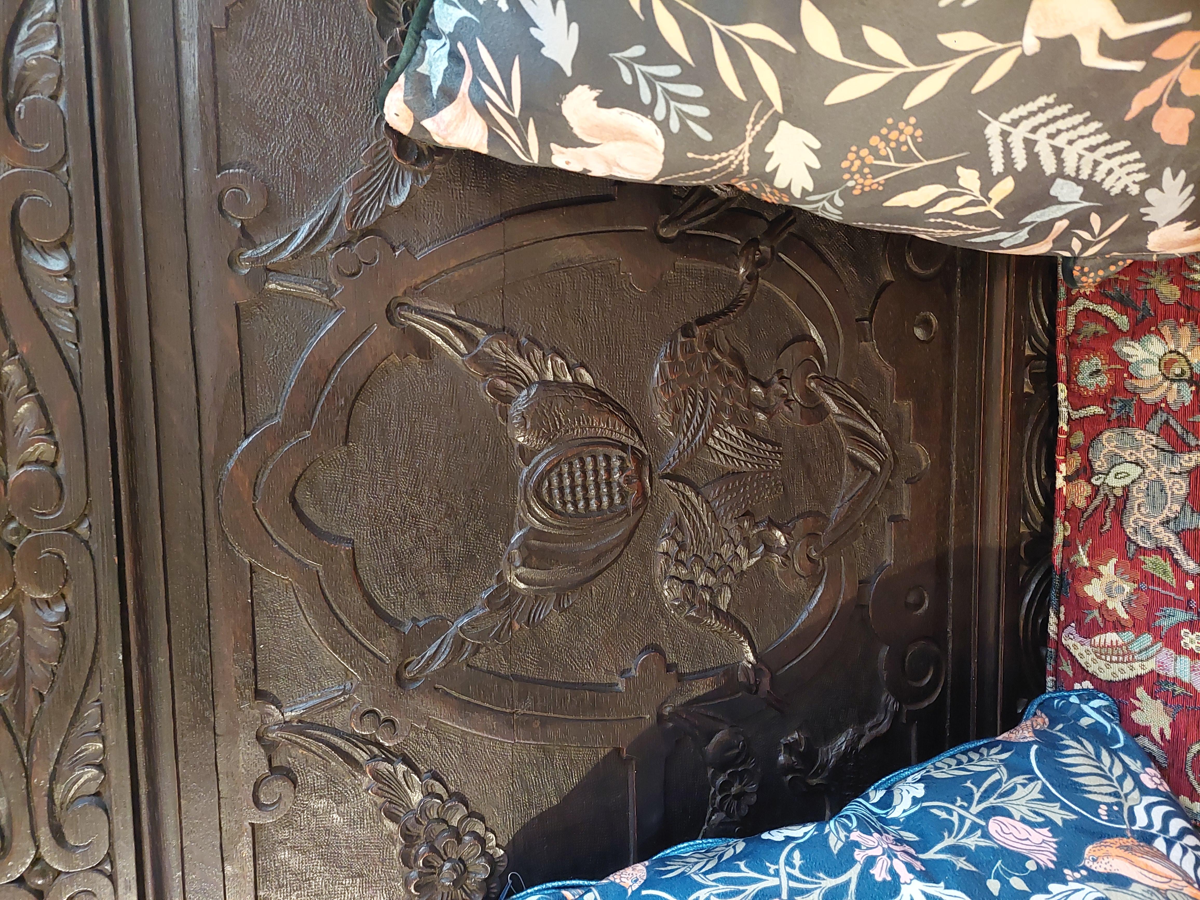 English Late 19thC Oak Carved Jacobean Style Monks Bench For Sale