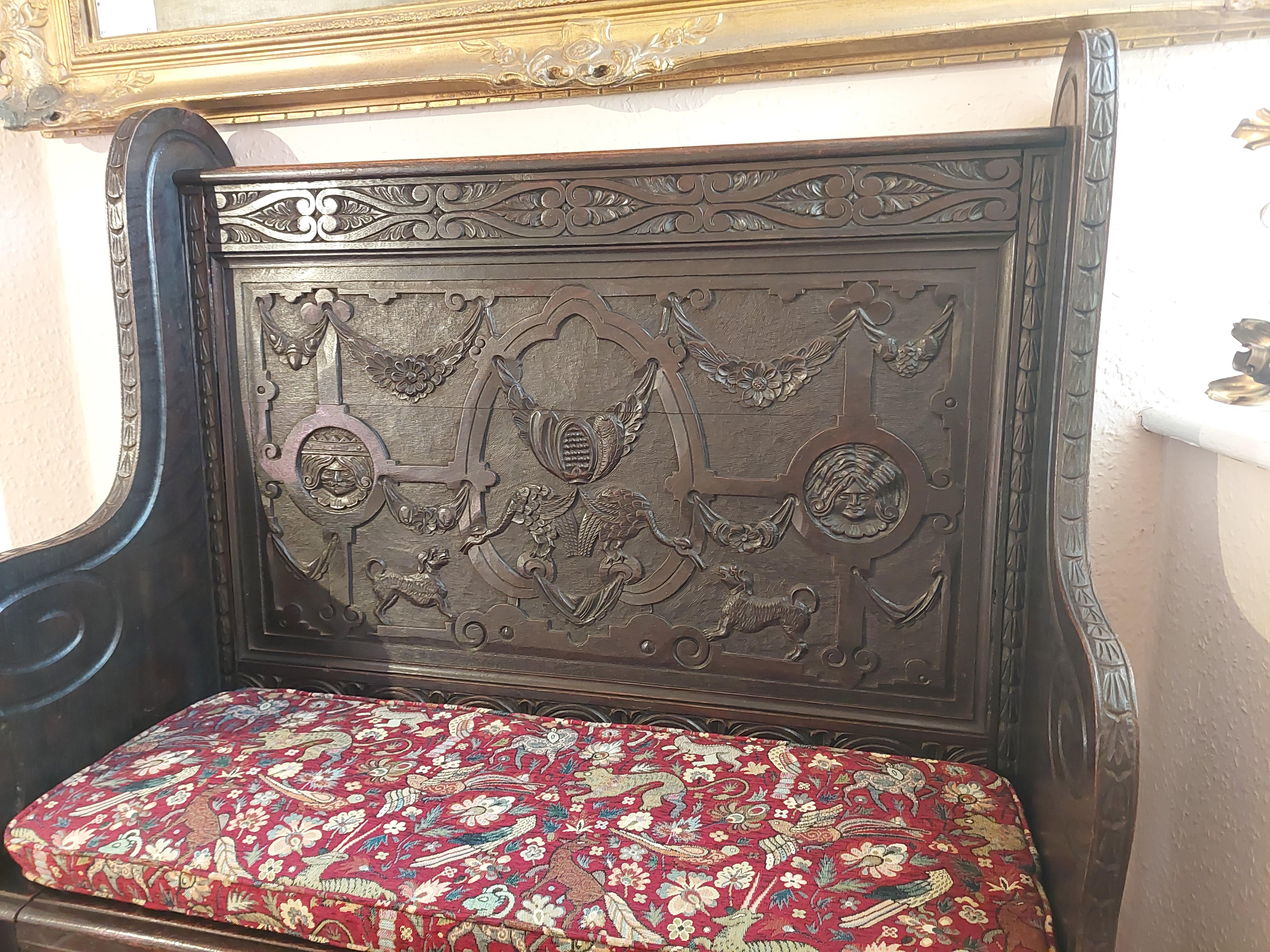 Late 19th Century Late 19thC Oak Carved Jacobean Style Monks Bench For Sale