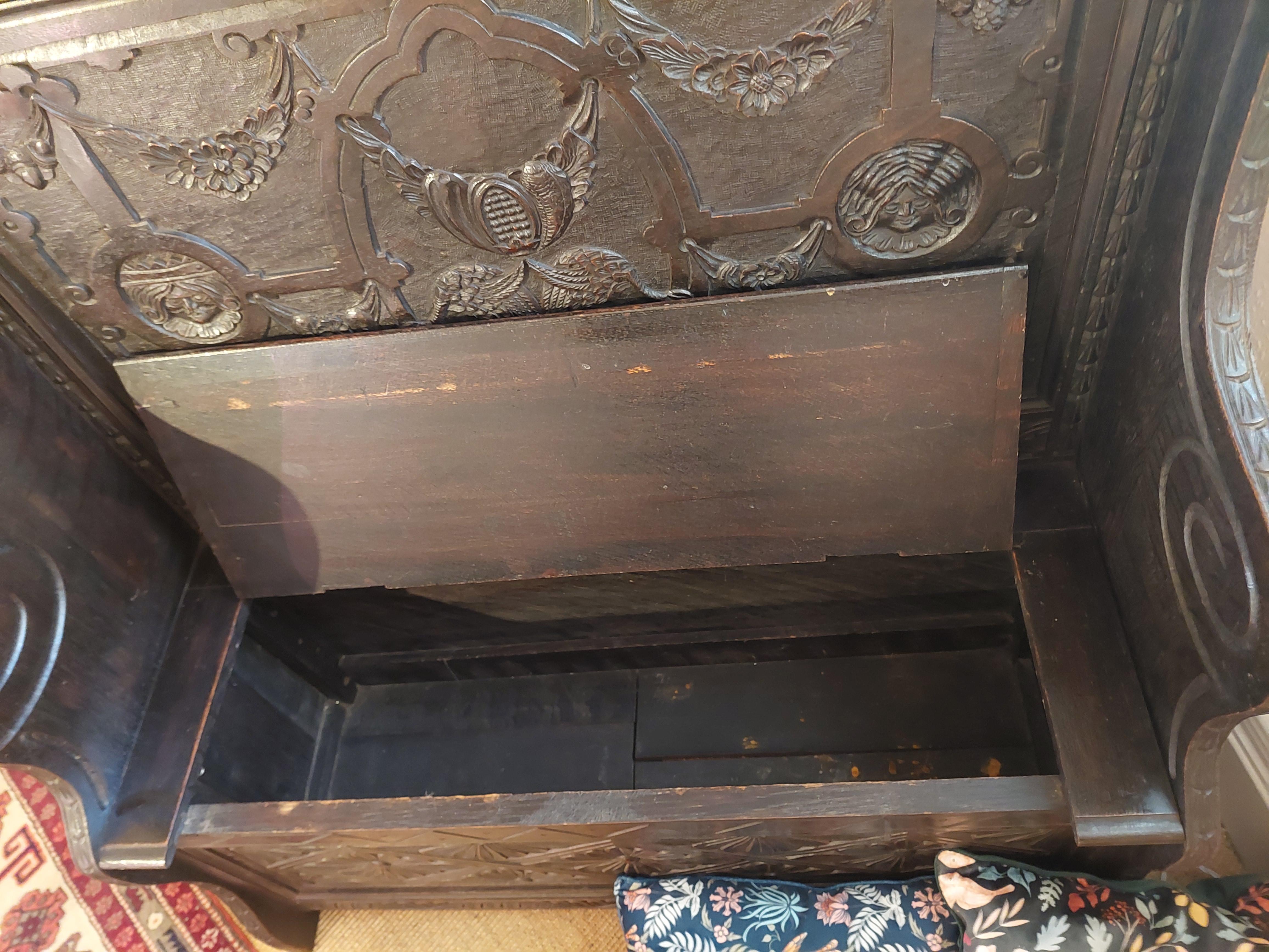 Upholstery Late 19thC Oak Carved Jacobean Style Monks Bench For Sale