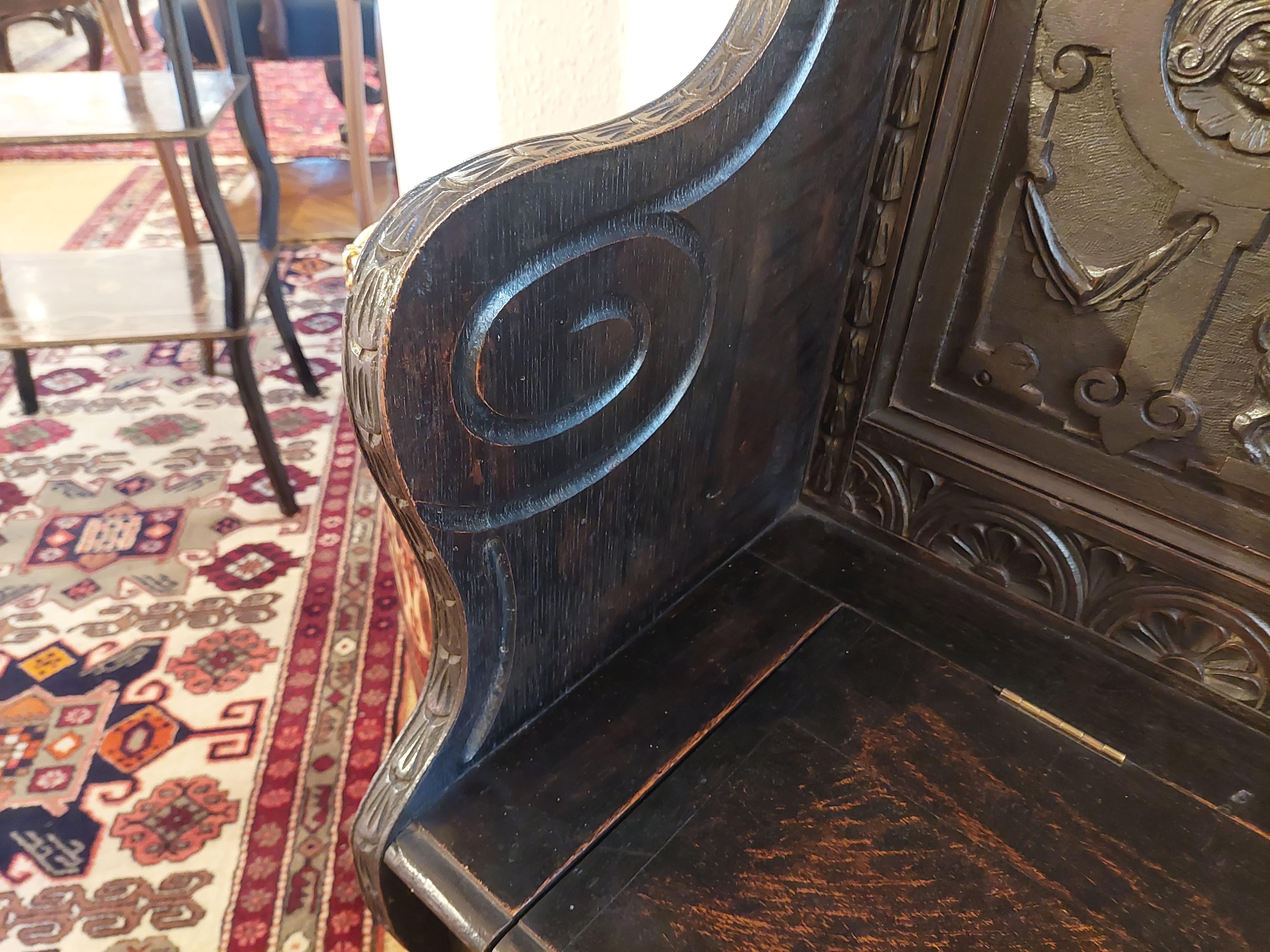 Late 19thC Oak Carved Jacobean Style Monks Bench For Sale 1