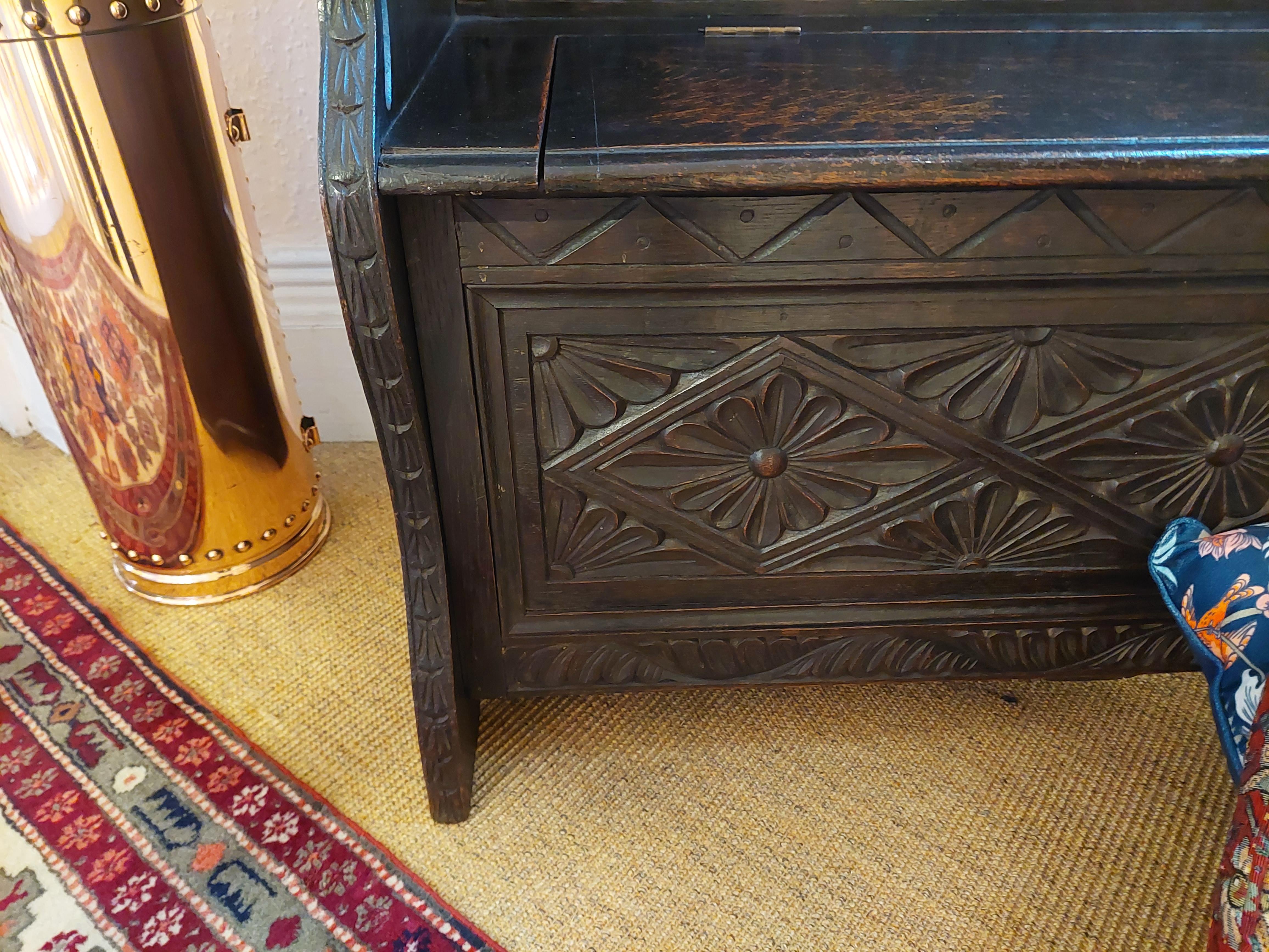 Late 19thC Oak Carved Jacobean Style Monks Bench For Sale 2