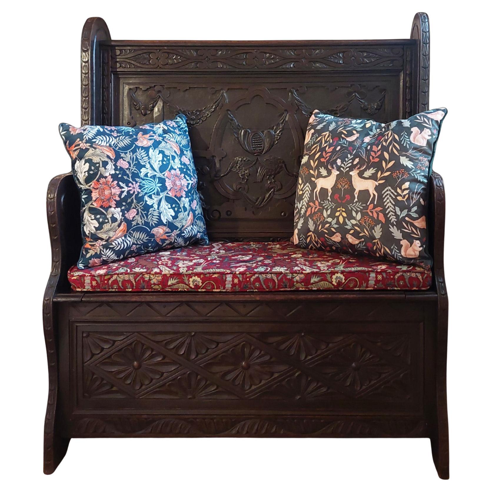 Late 19thC Oak Carved Jacobean Style Monks Bench