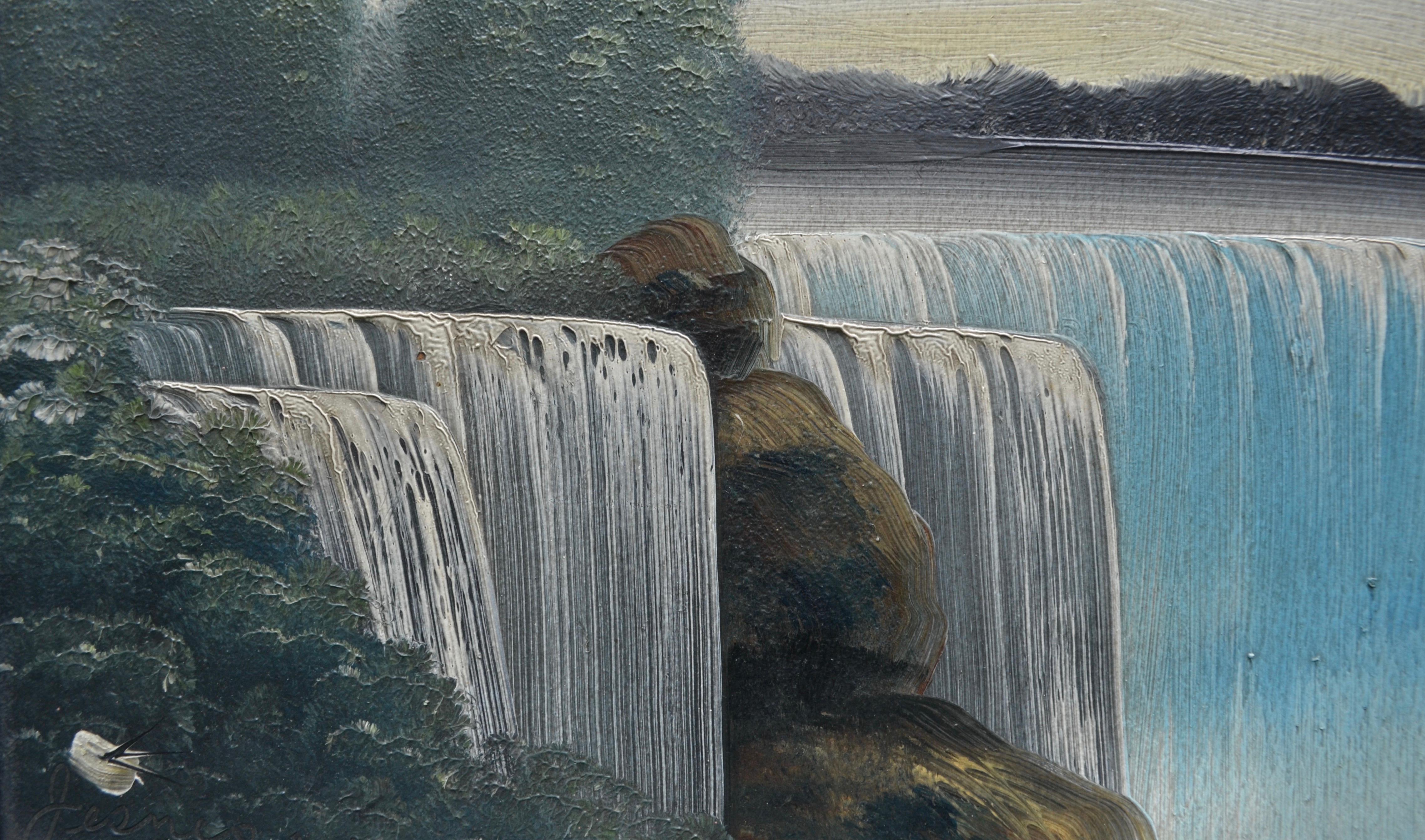 A well executed oil painting on board of the American and Canadian Falls at Niagara, N.Y. The lack of any background developments along the horizon suggests that this work could be from the third quarter of the 19th century. Unsigned. Should be